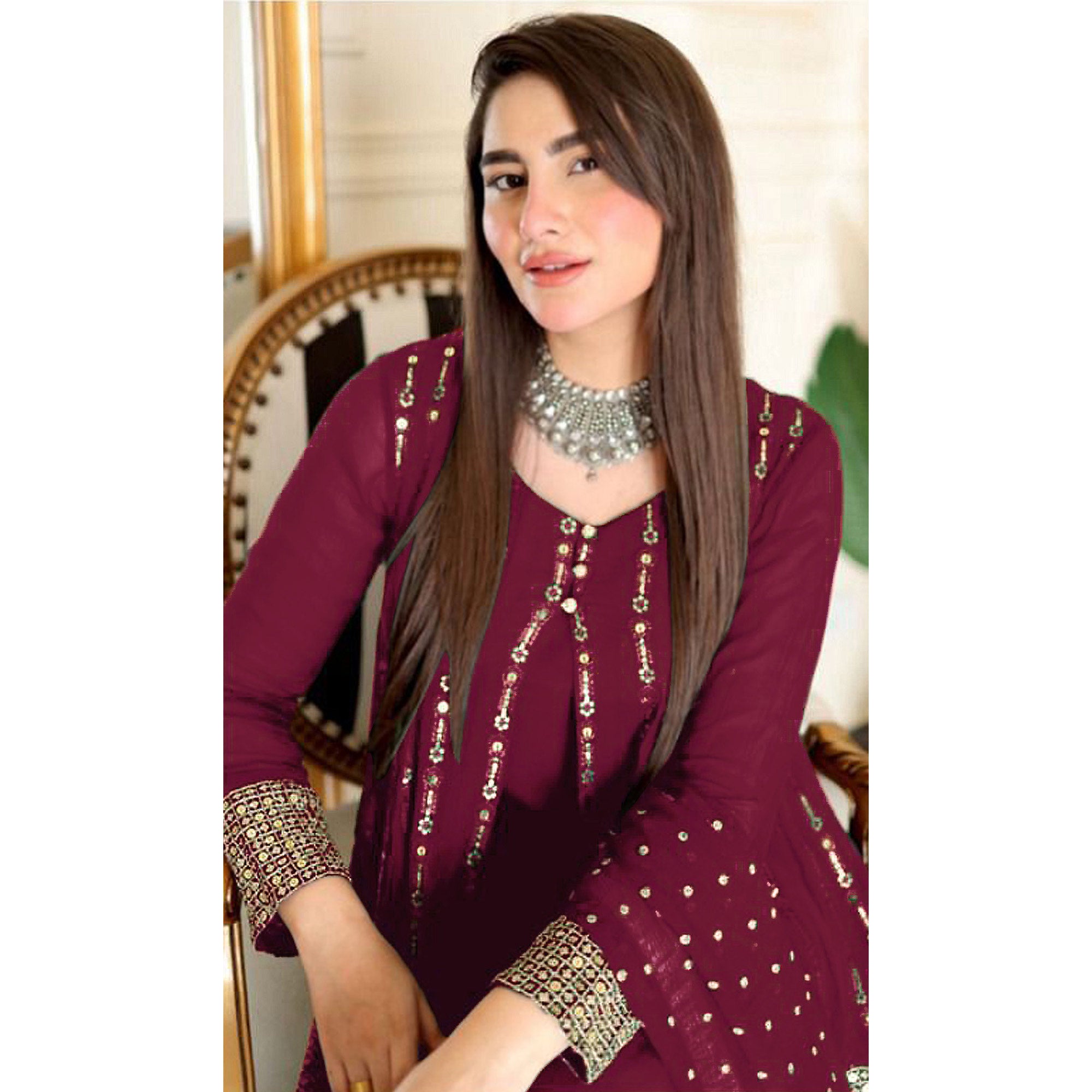 Maroon Sequins Embroidered Georgette Pakistani Suit