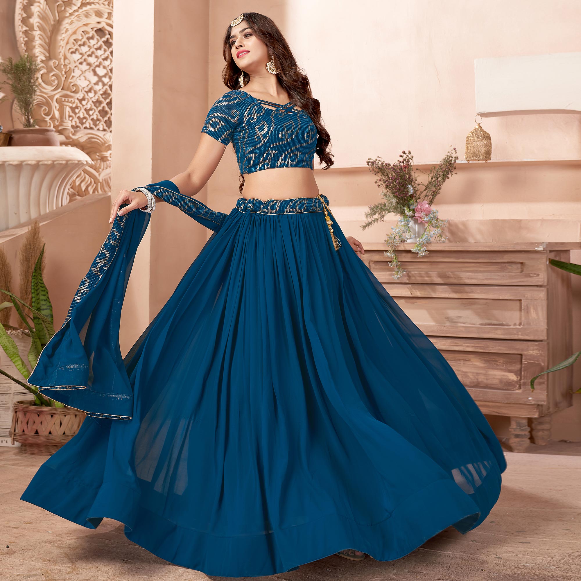 Teal Blue Sequins Embroidered Georgette Lehenga Choli