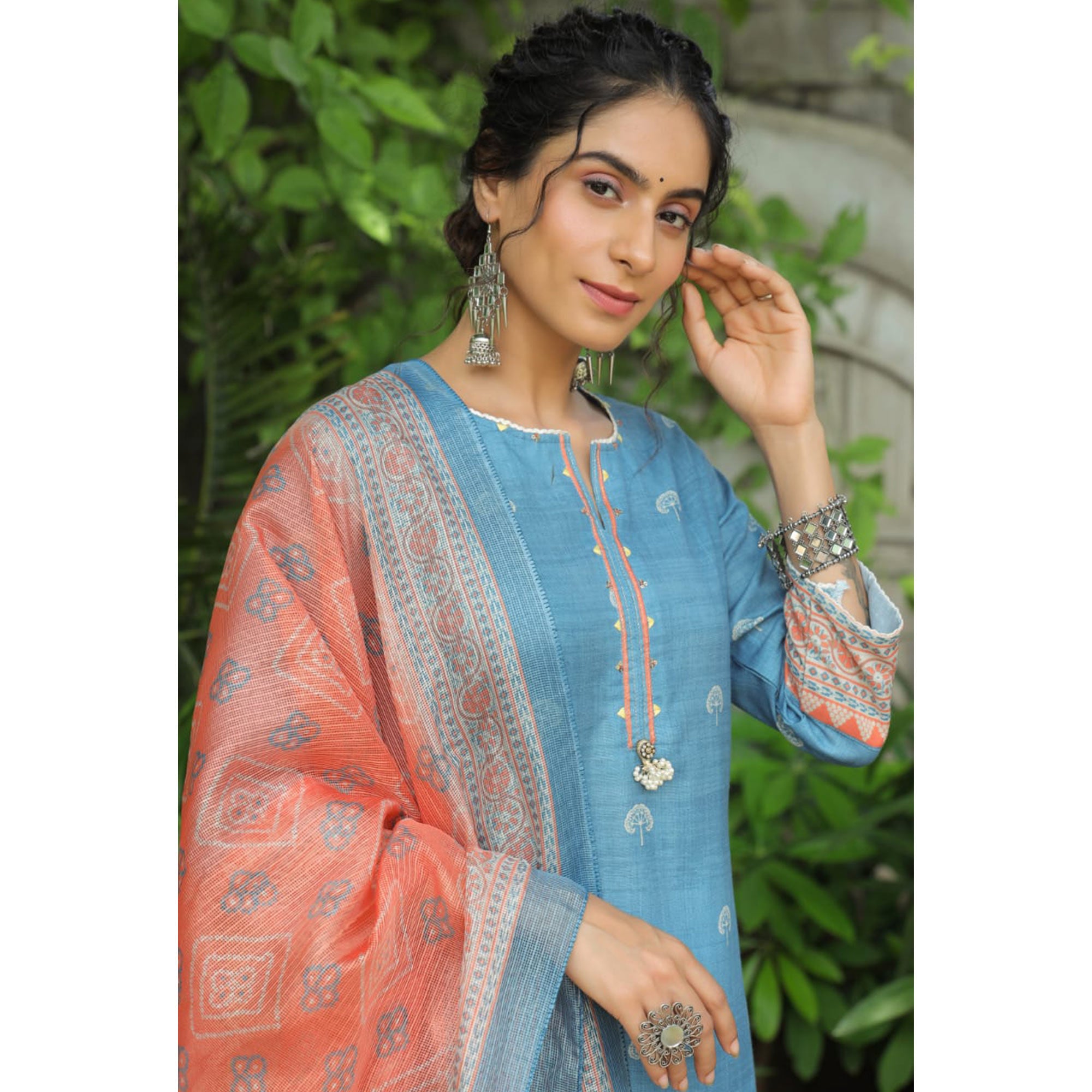 Blue Floral Printed Rayon Suit