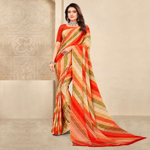 Orange Striped Printed Crepe Saree