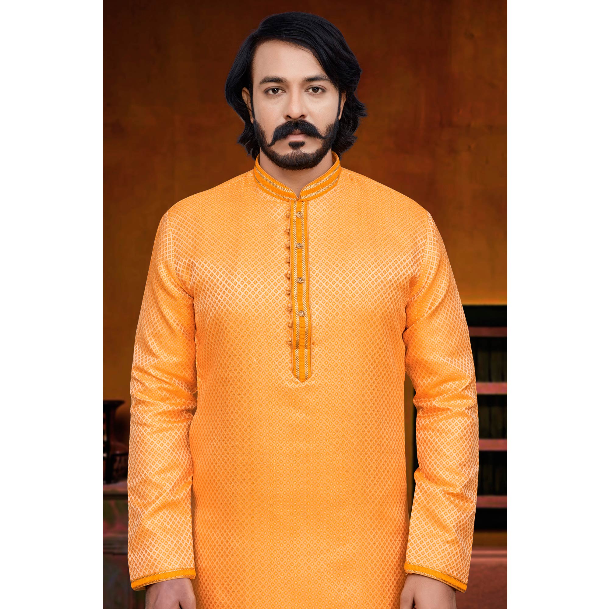 Orange Woven Jacquard Kurta Pyjama Set