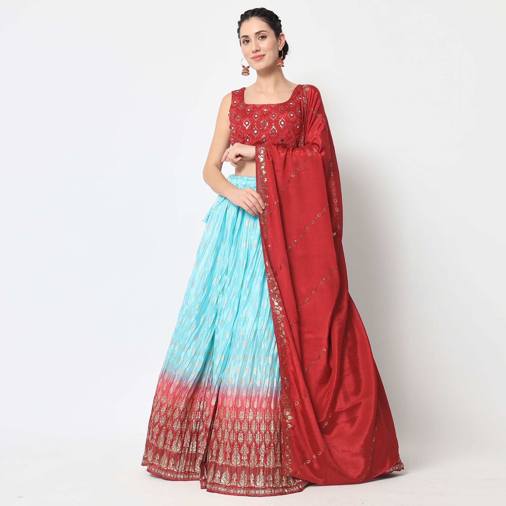 Sky Blue Foil Printed Chiffon Lehenga Choli
