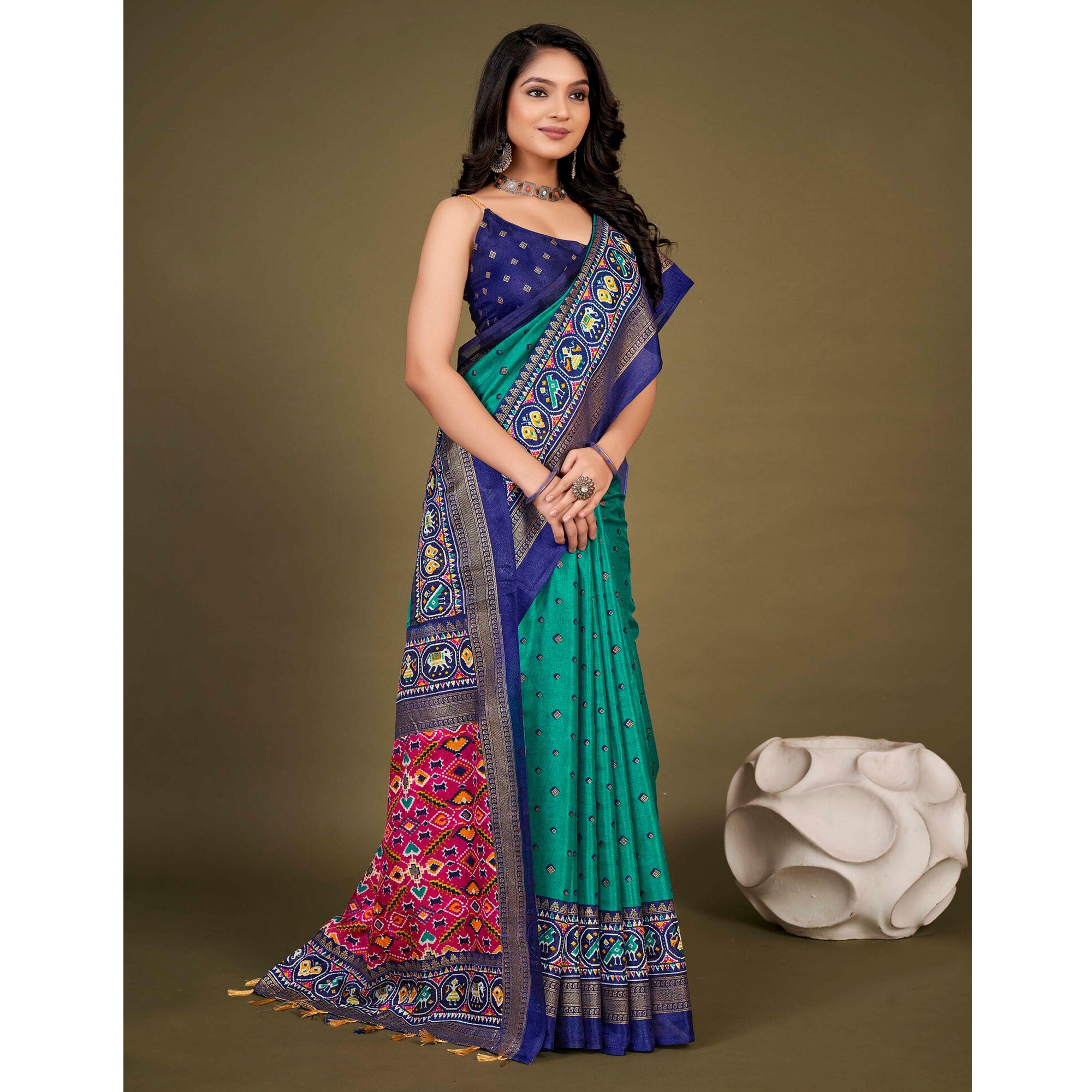 Blue Printed Jute Patola Saree With Tassels
