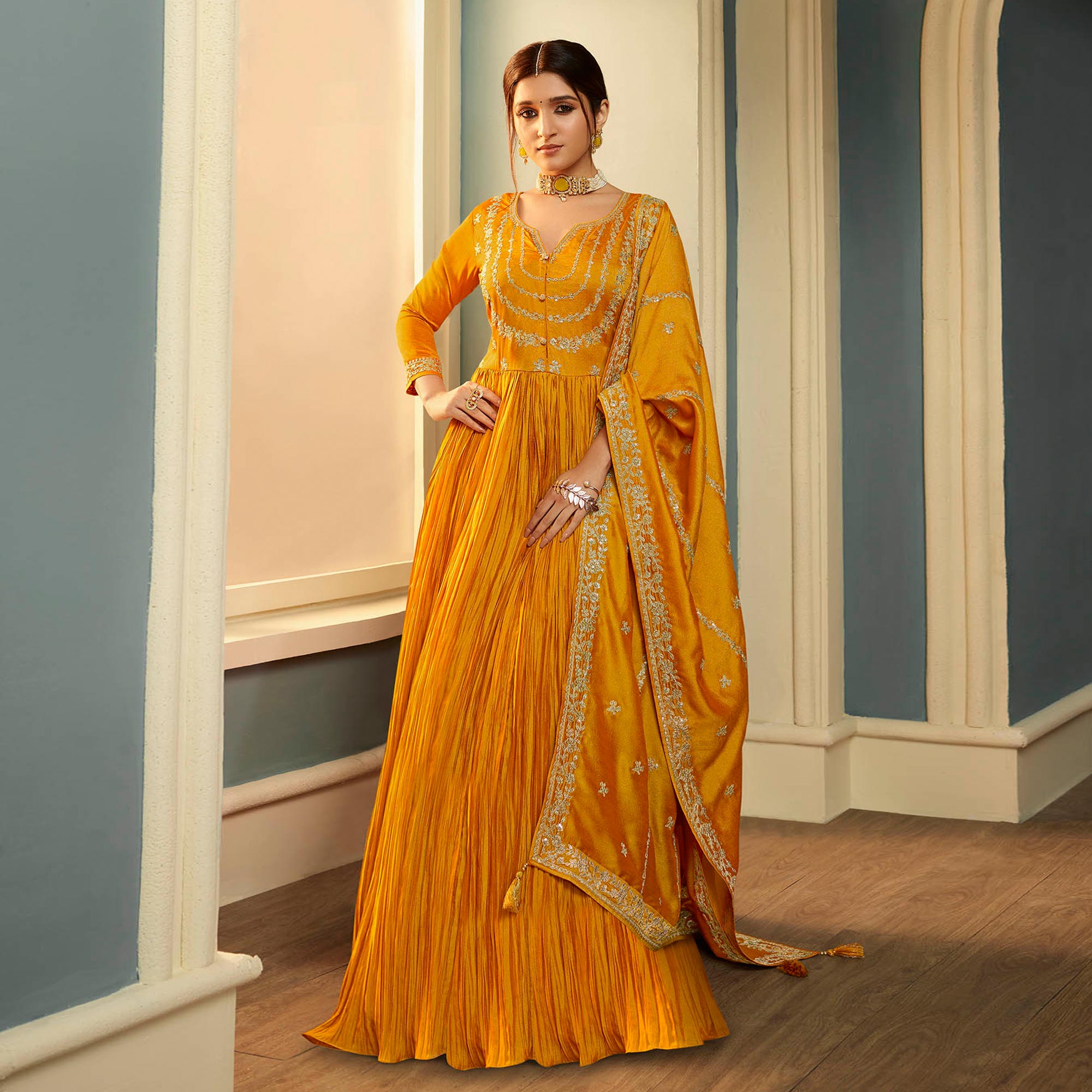 Mustard Embroidered Georgette Gown