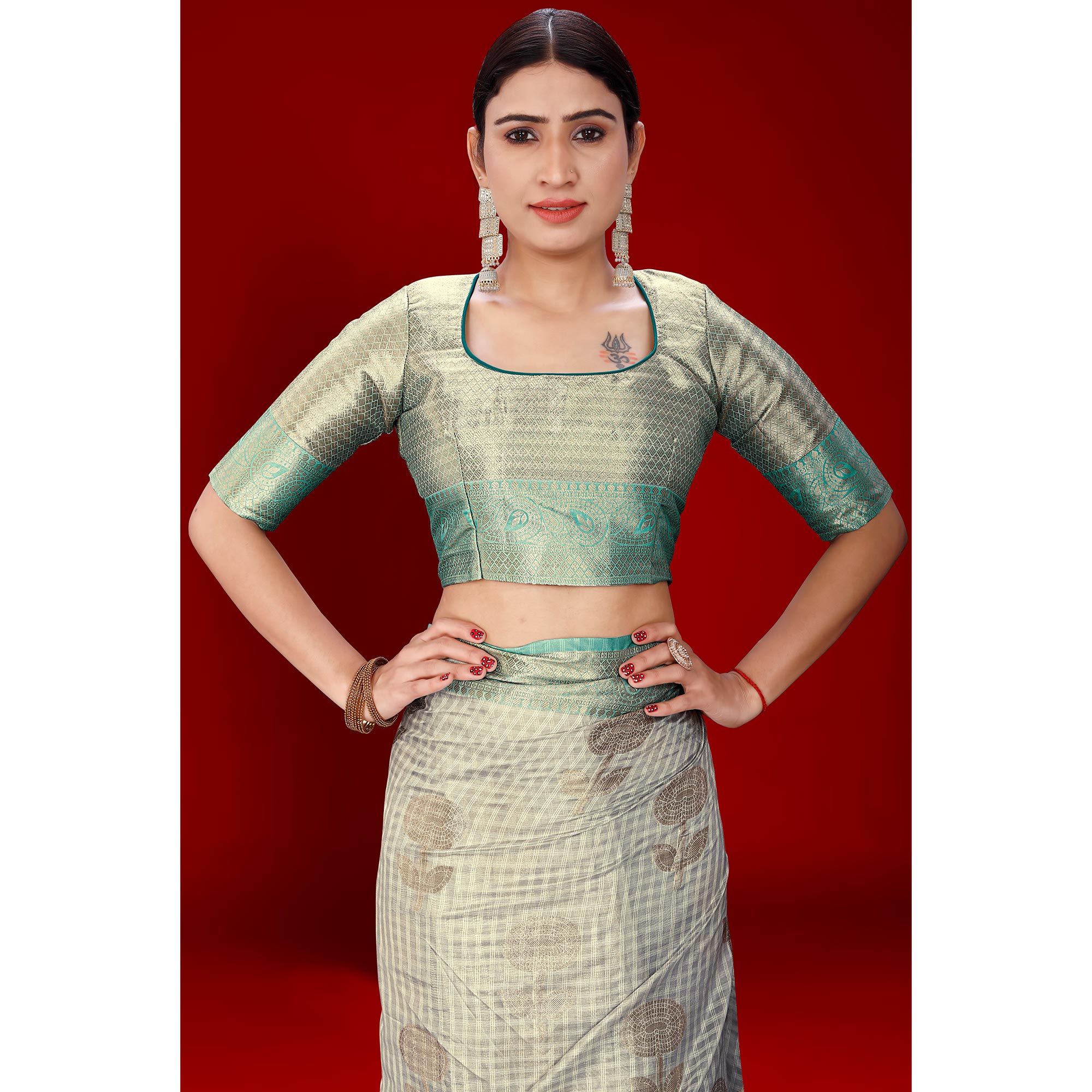 Grey Floral Woven Organza Saree With Tassels