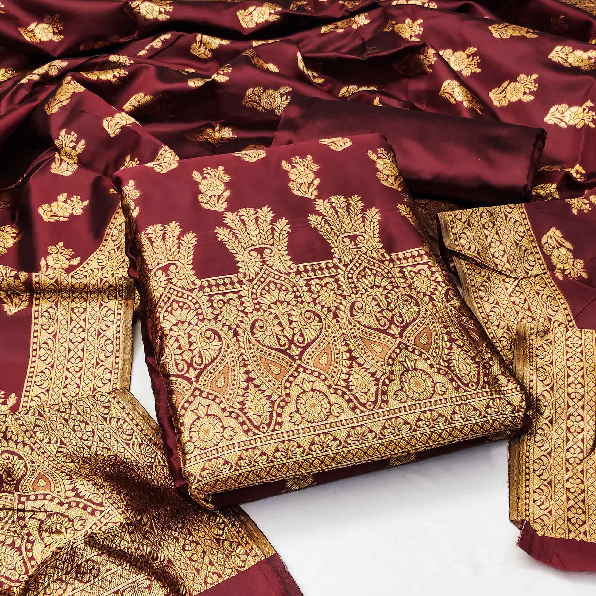 Maroon Floral Woven Jacquard Dress Material