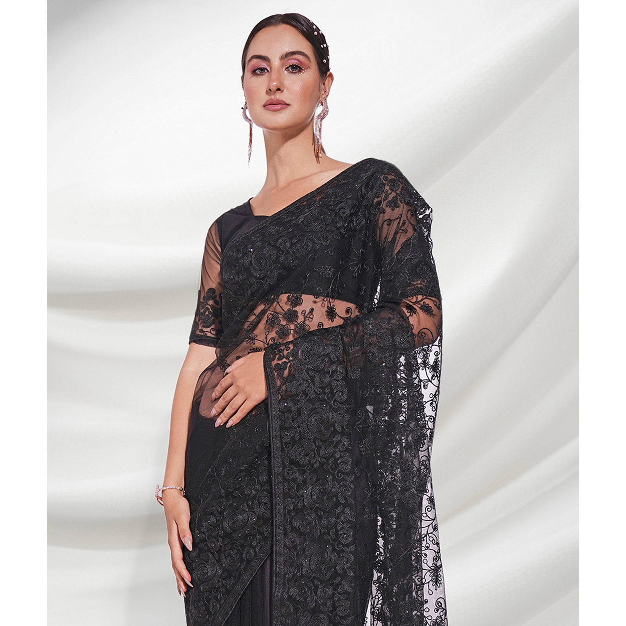 Black Floral Embroidered Net Saree