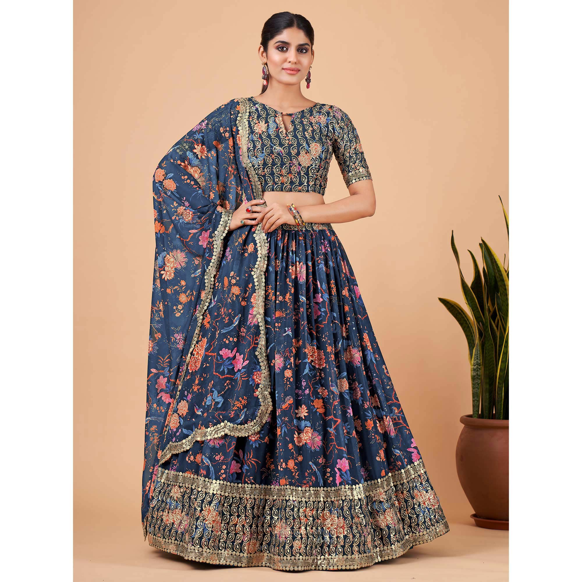 Blue Floral Printed And Sequins Work Georgette Lehenga Choli