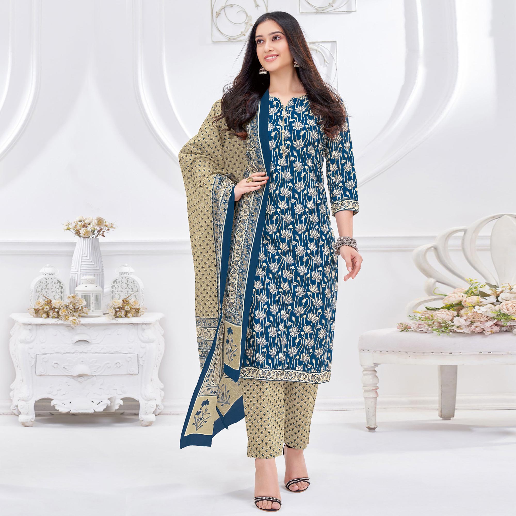 Blue Printed Pure Cotton Suit