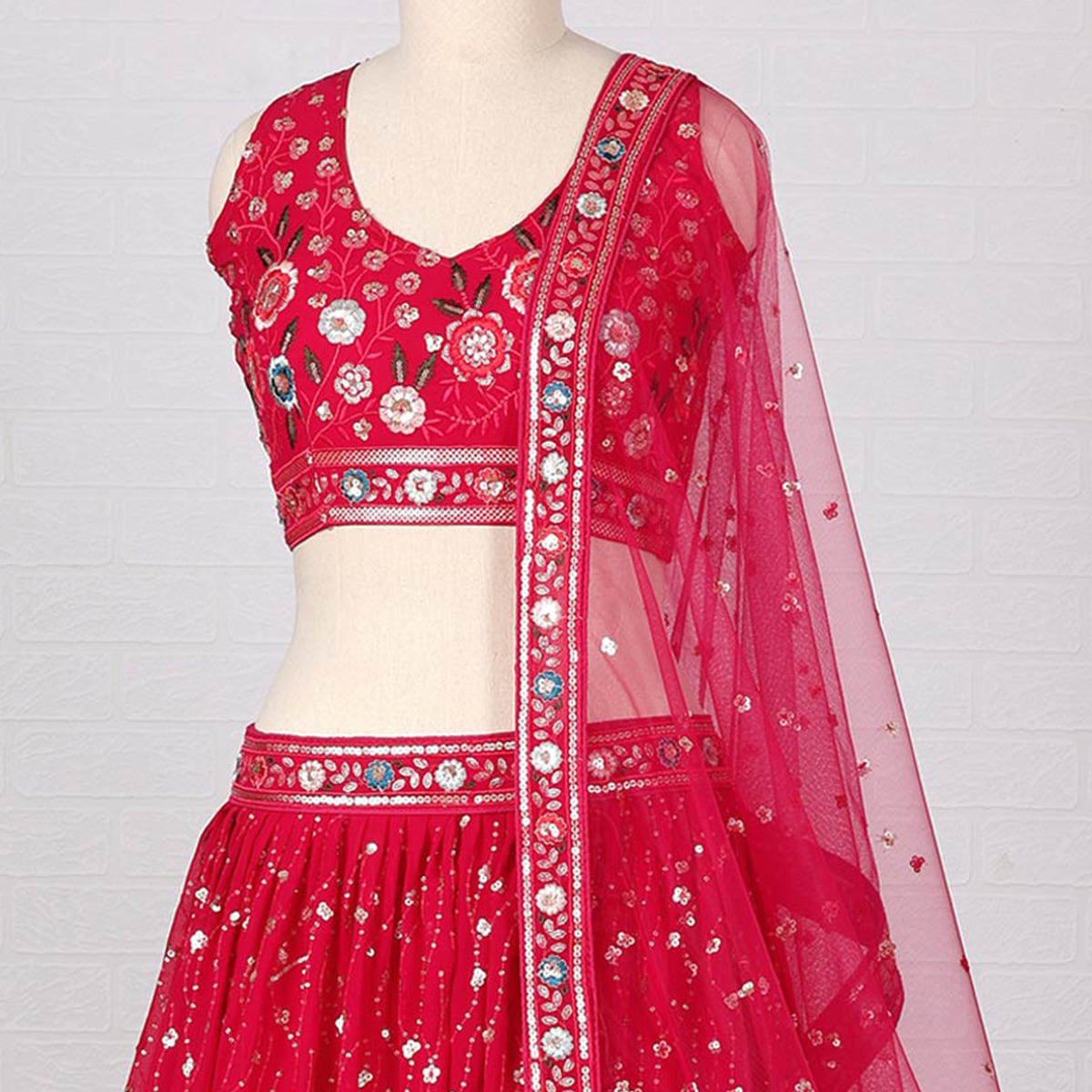 Cherry Red Sequins Embroidered Georgette Lehenga Choli