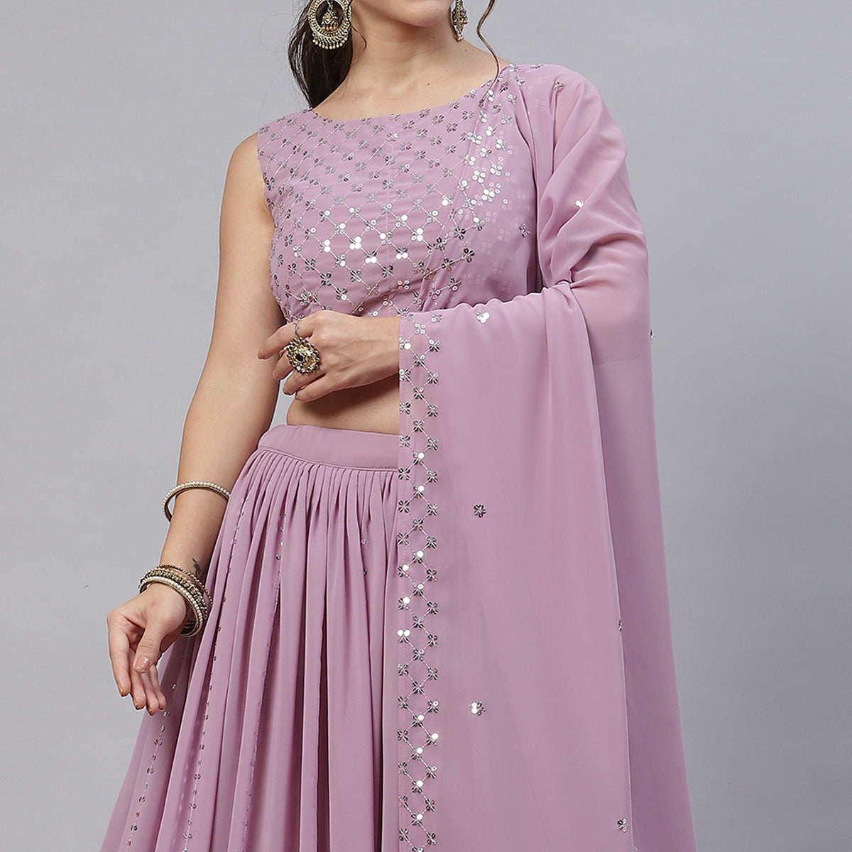 Mauve Sequins Embroidered Georgette Lehenga Choli