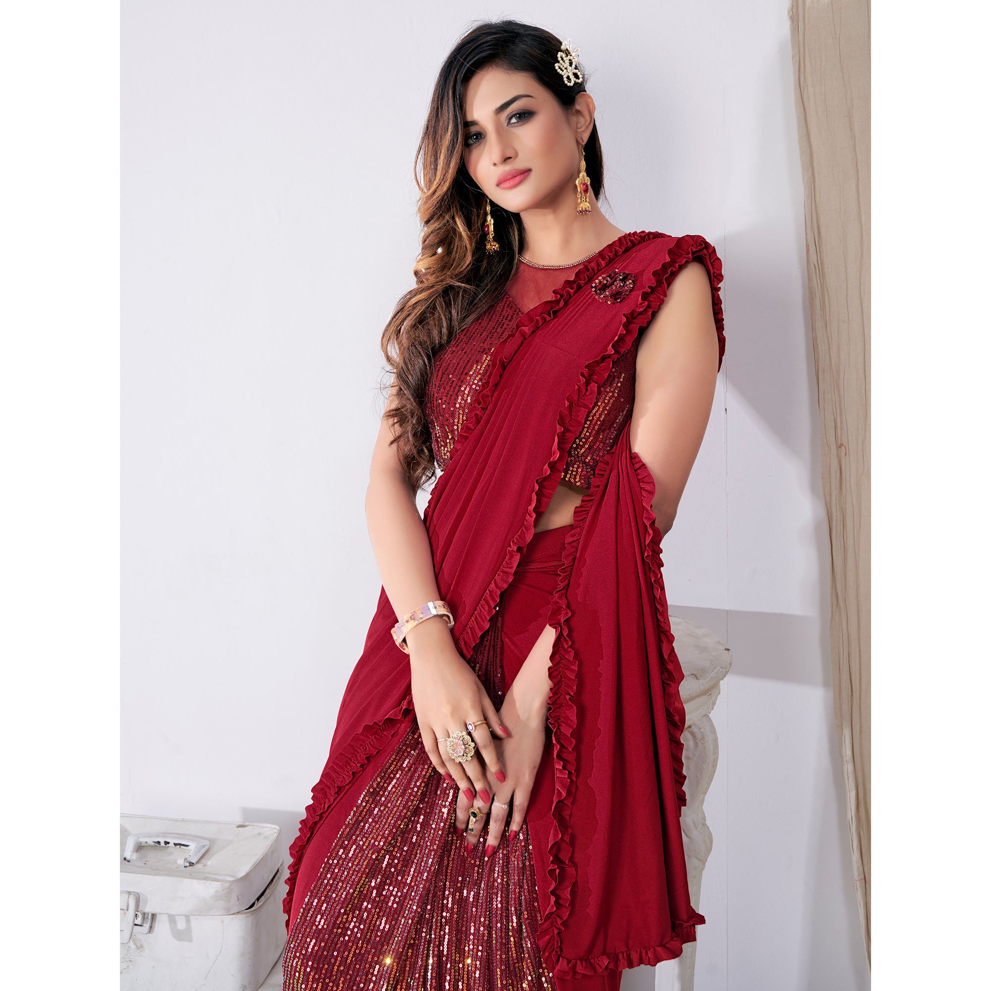Red Sequins Embroidered Lycra Ready to Wear Saree