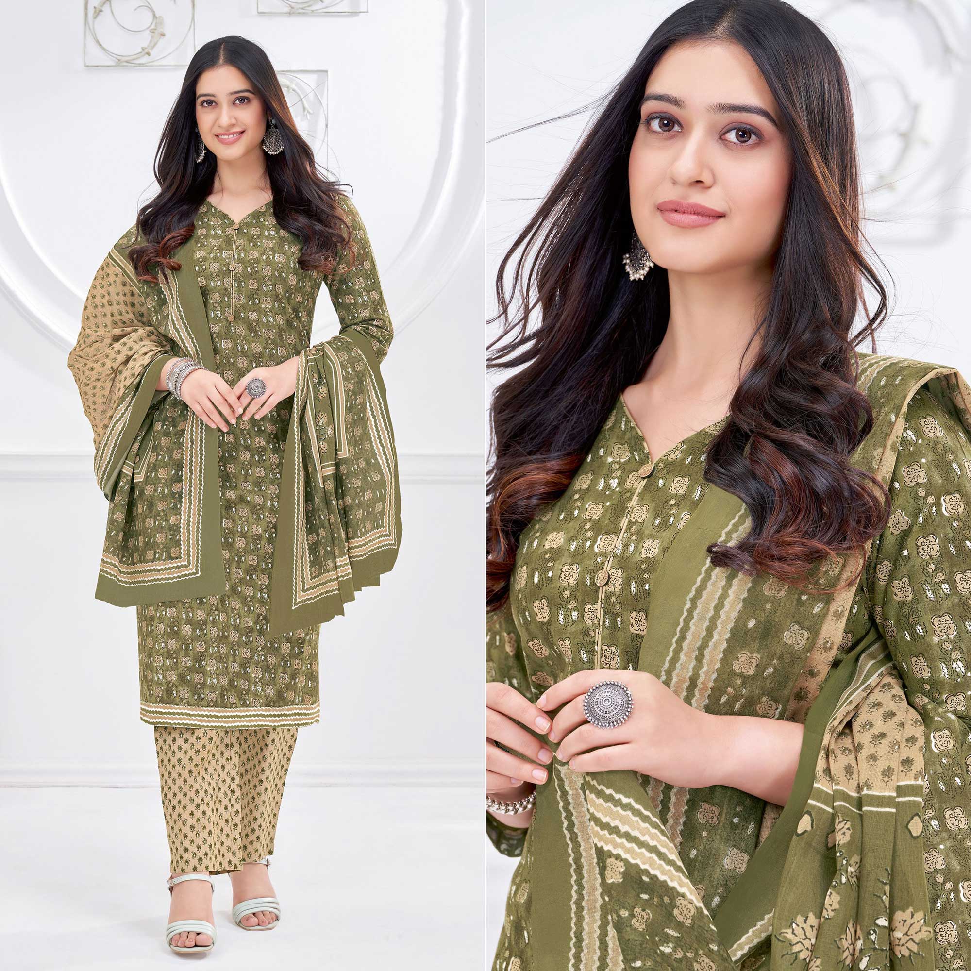 Olive Green Printed Pure Cotton Suit