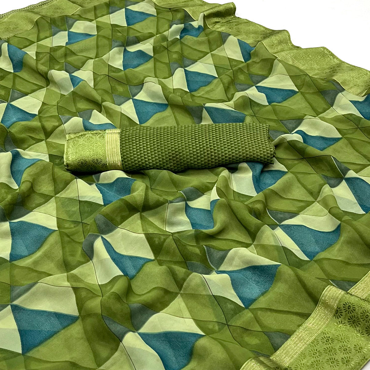 Pista Green Geometric Printed Georgette Saree