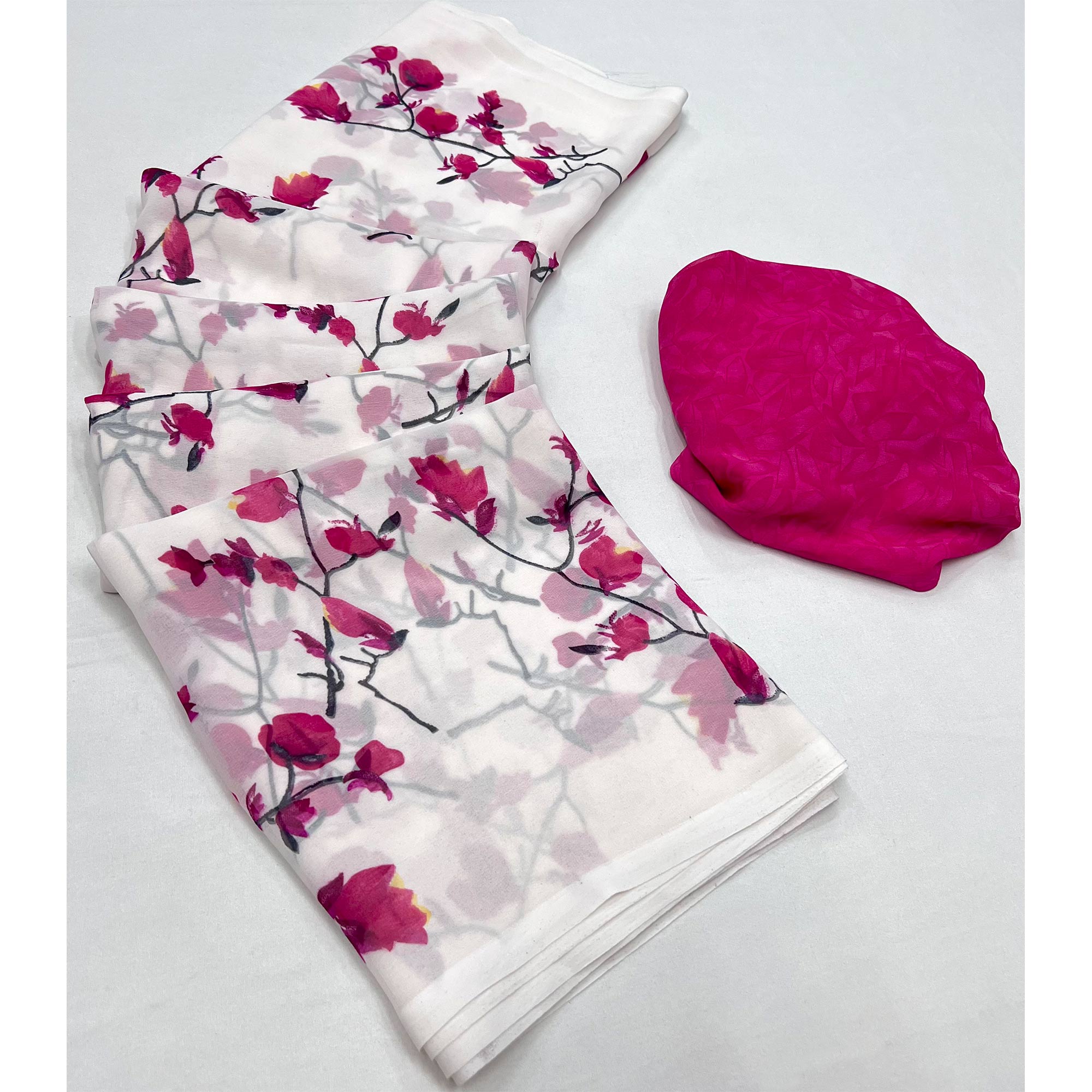 White Pink Floral Printed Georgette Saree