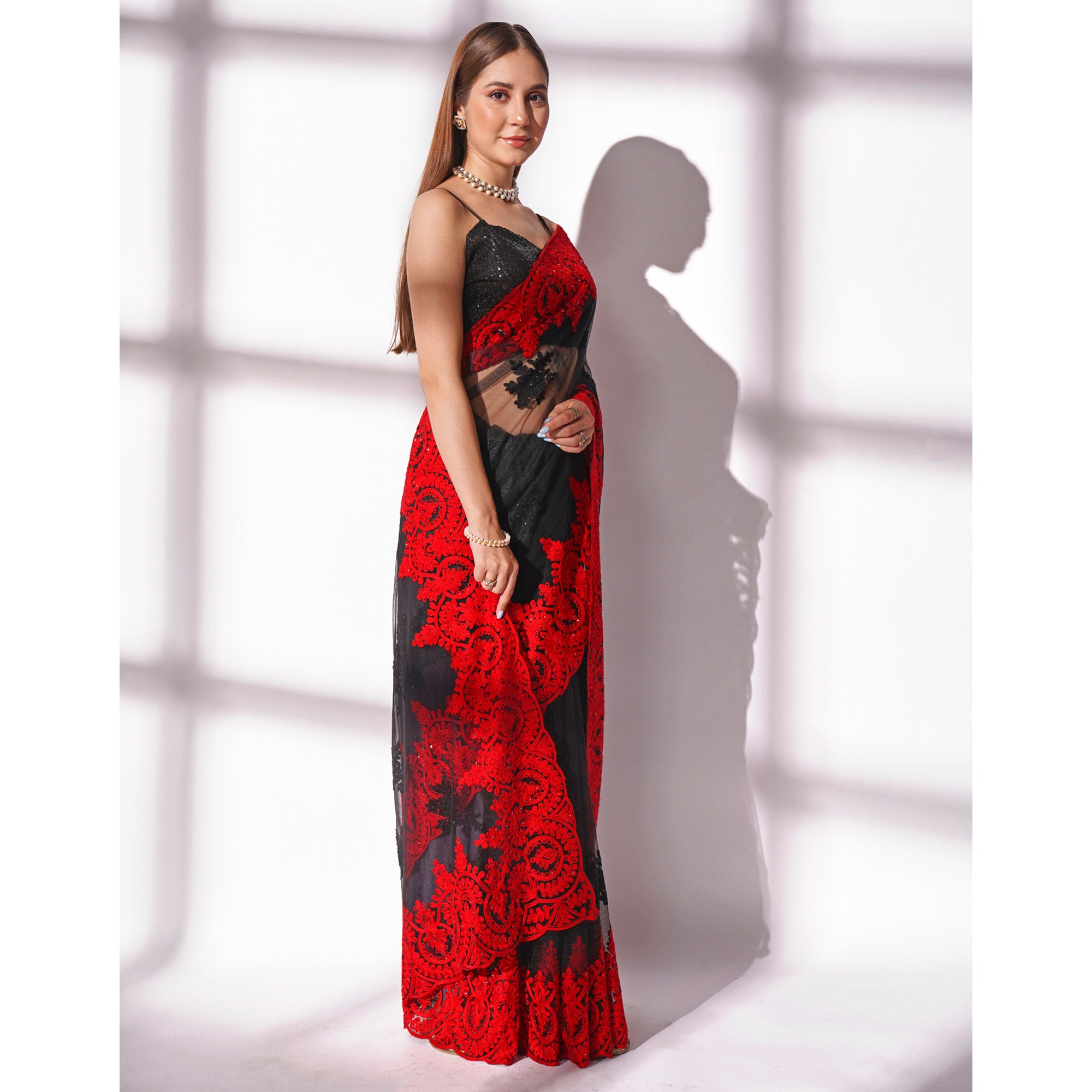Black Floral Embroidered Net Saree