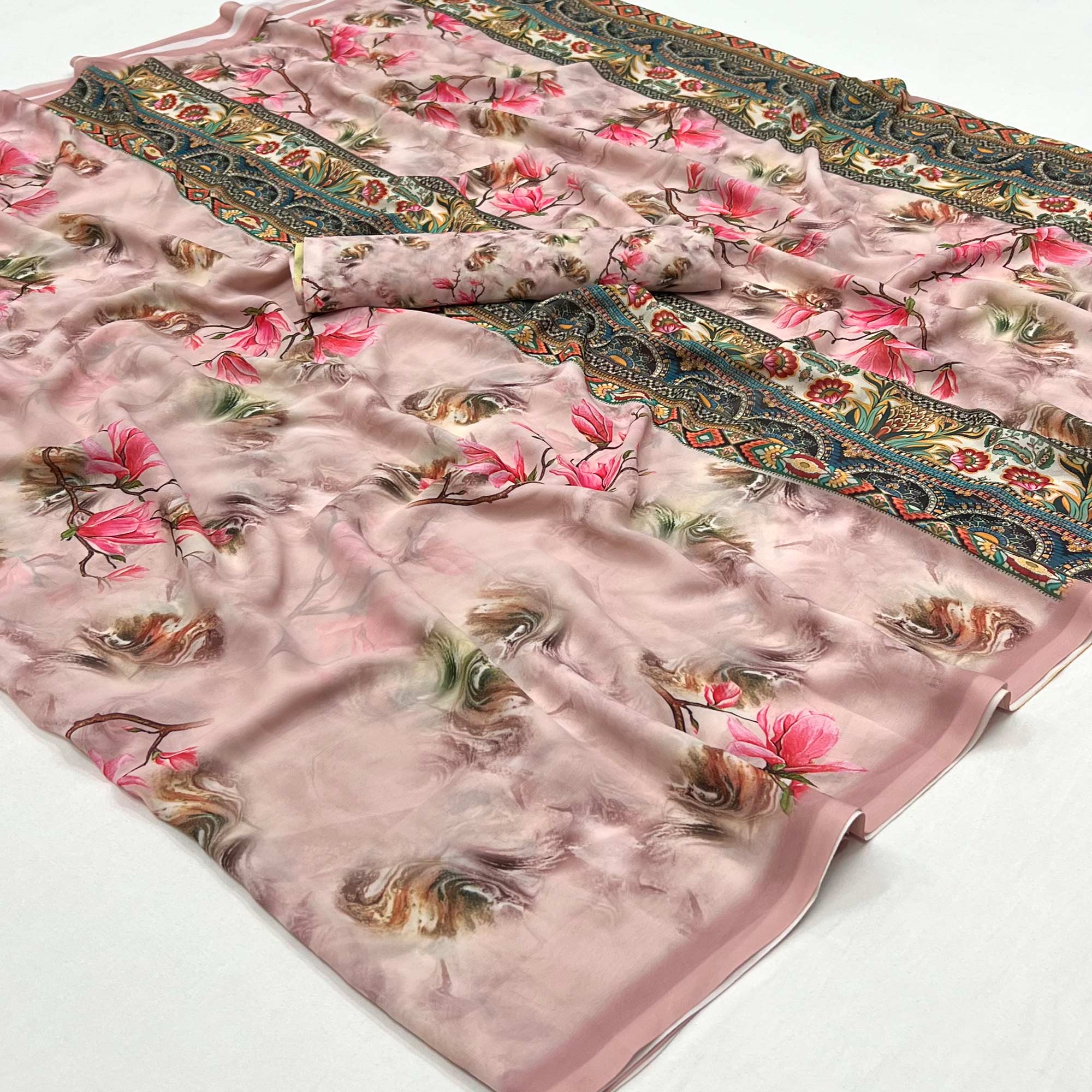 Peach Floral Digital Printed Georgette Saree