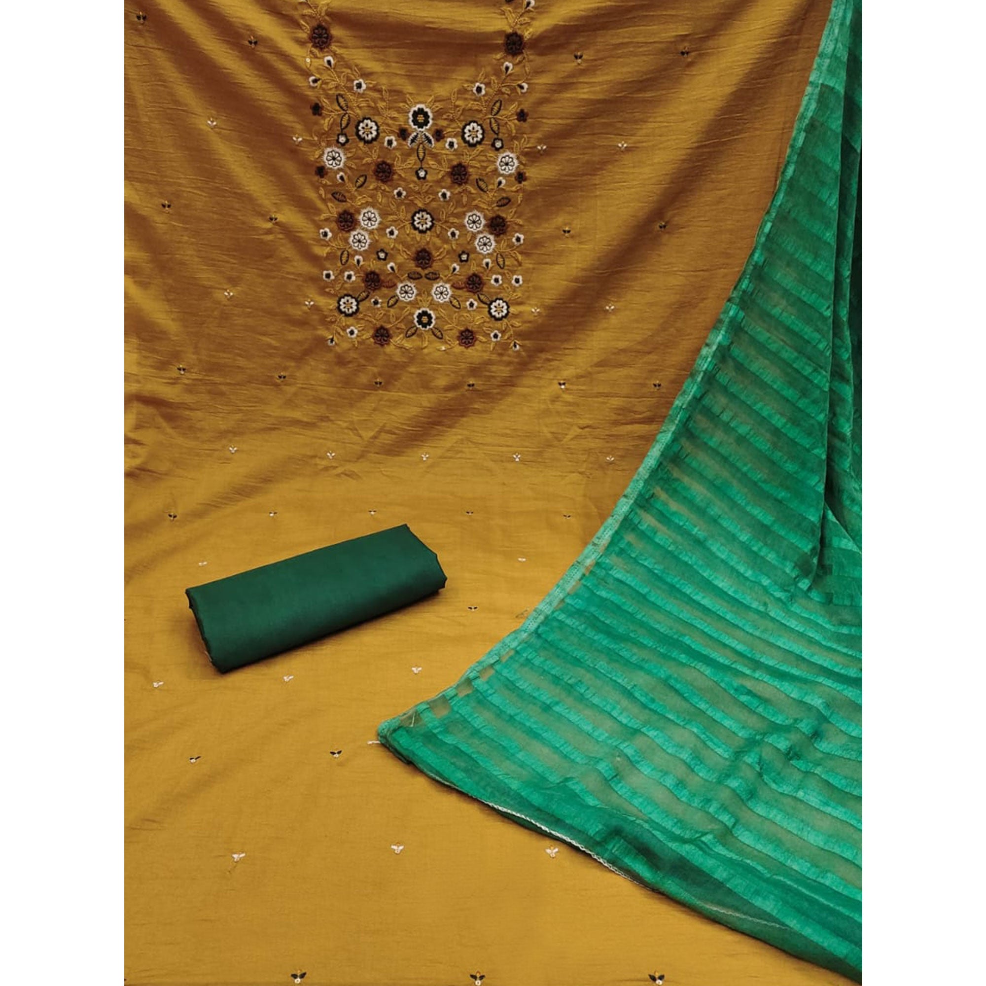 Mustard Floral Sequins Embroidered Cotton Blend Dress Material