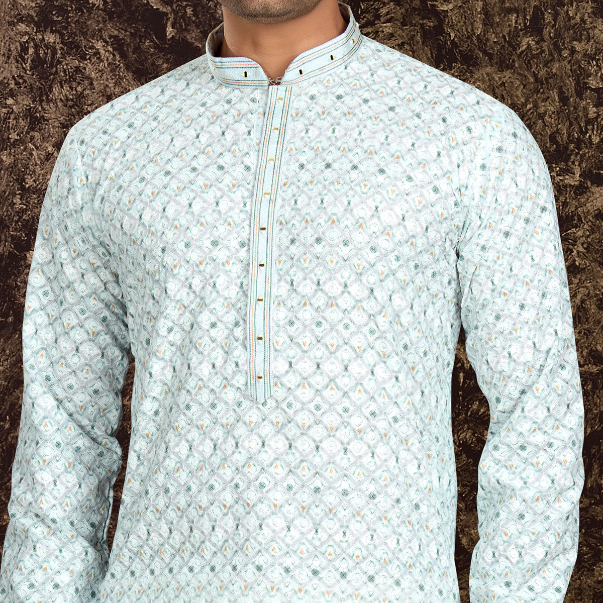 White Lucknowi And Digital Printed Cotton Kurta Pyjama Set