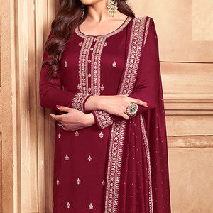 Maroon Floral Embroidered Georgette Semi Stitched Palazzo Suit
