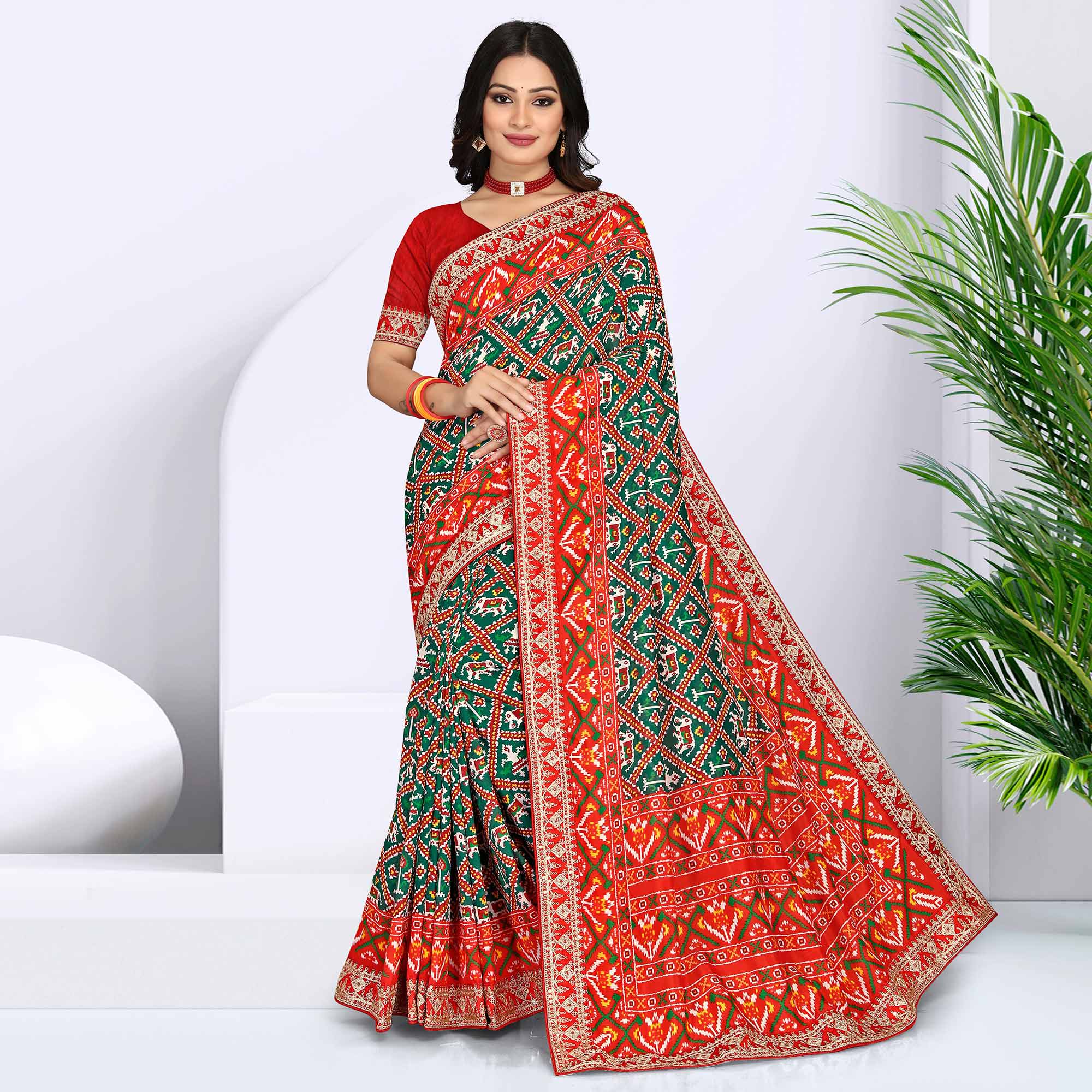 Green & Red Digital Printed With Sequins Vichitra Silk Saree