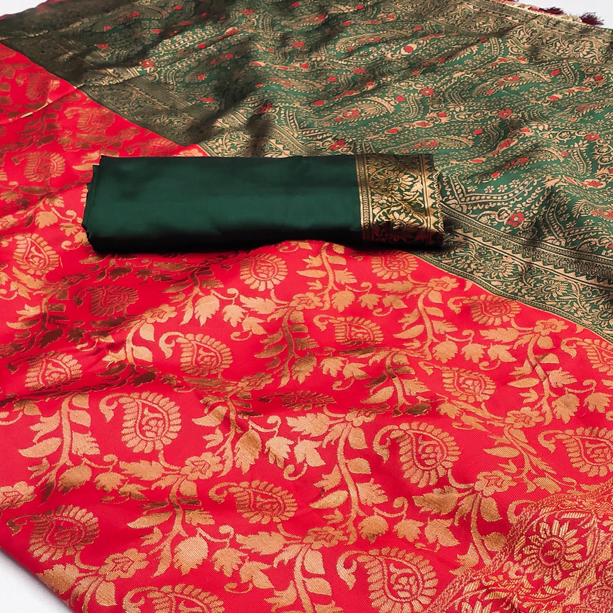 Red Floral Woven Jacquard Saree