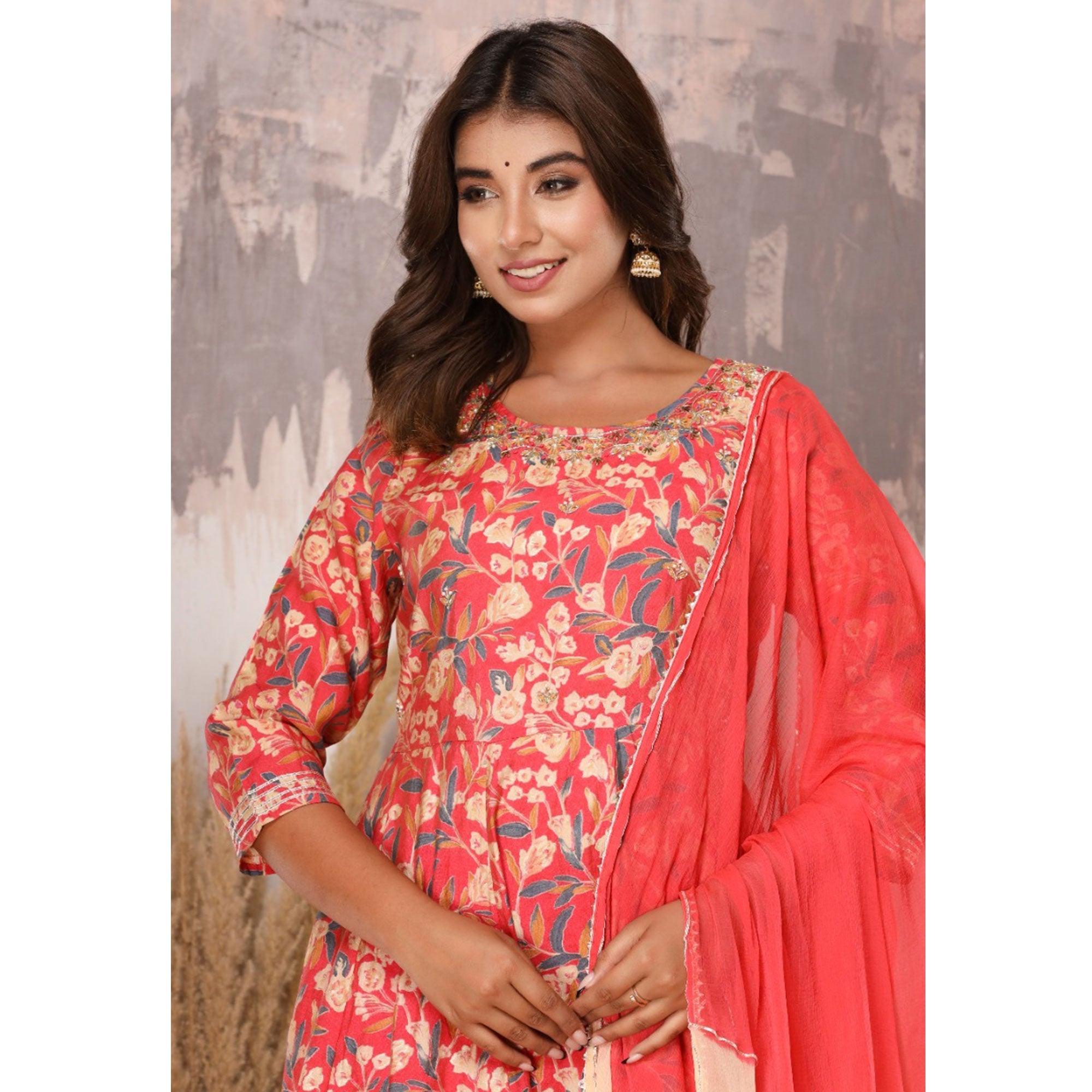 Pink Floral Printed With Gota Patti Work Muslin Anarkali Suit
