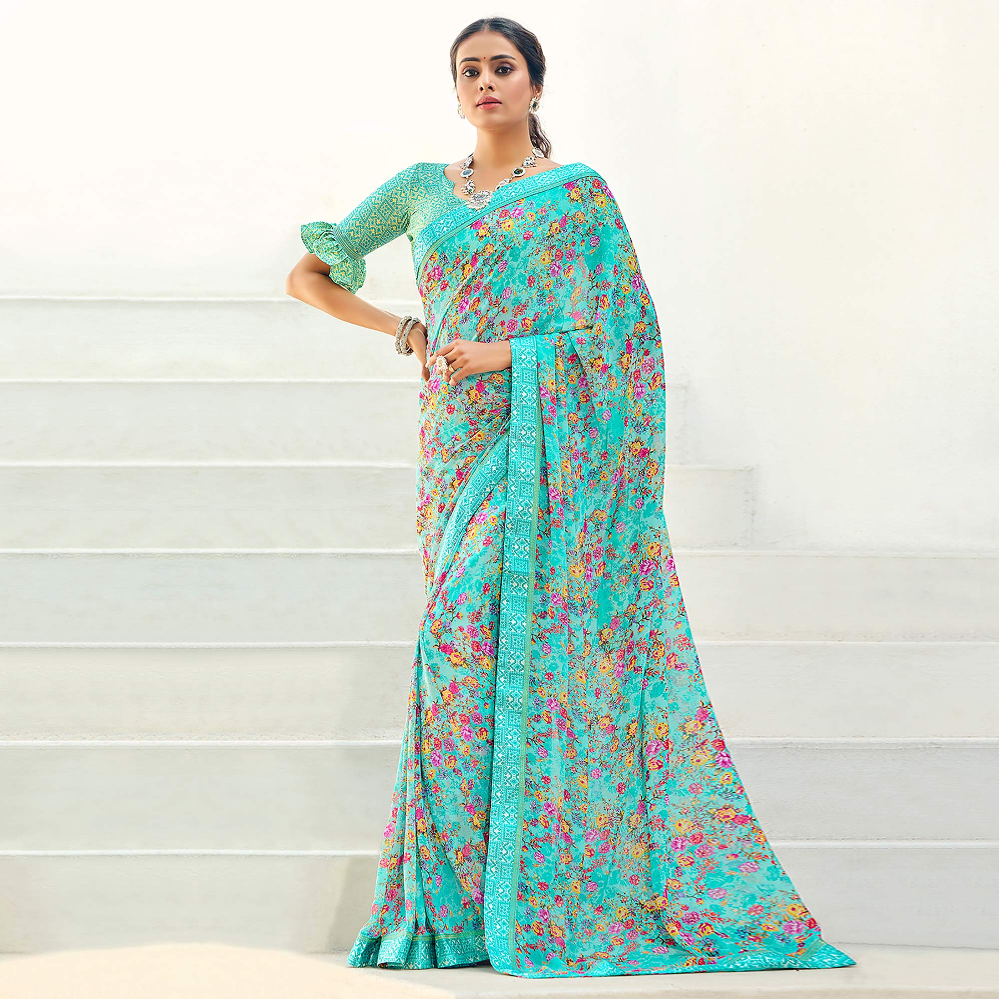 Blue Floral Printed Georgette Saree