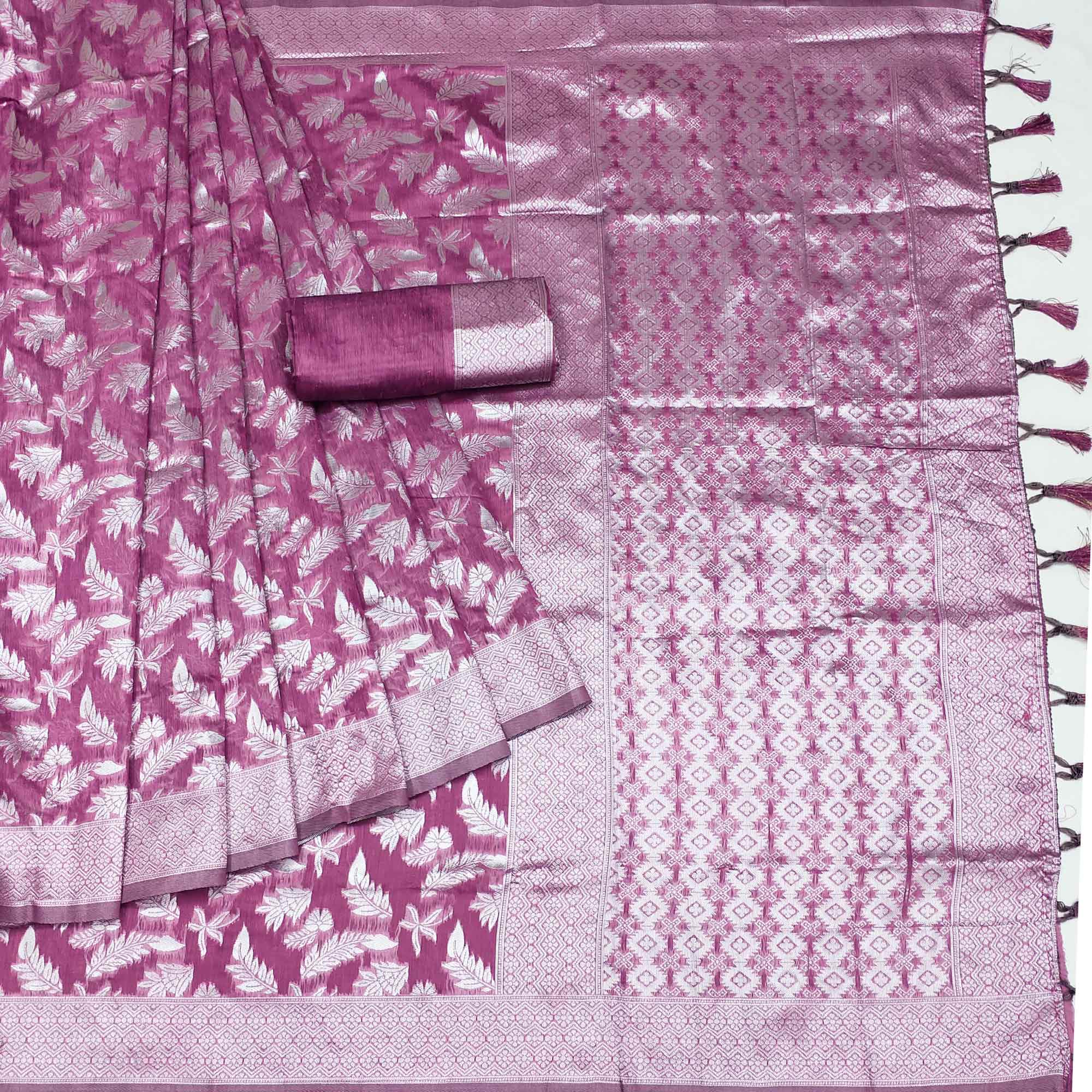 Purple Woven Cotton Silk Saree With Tassels