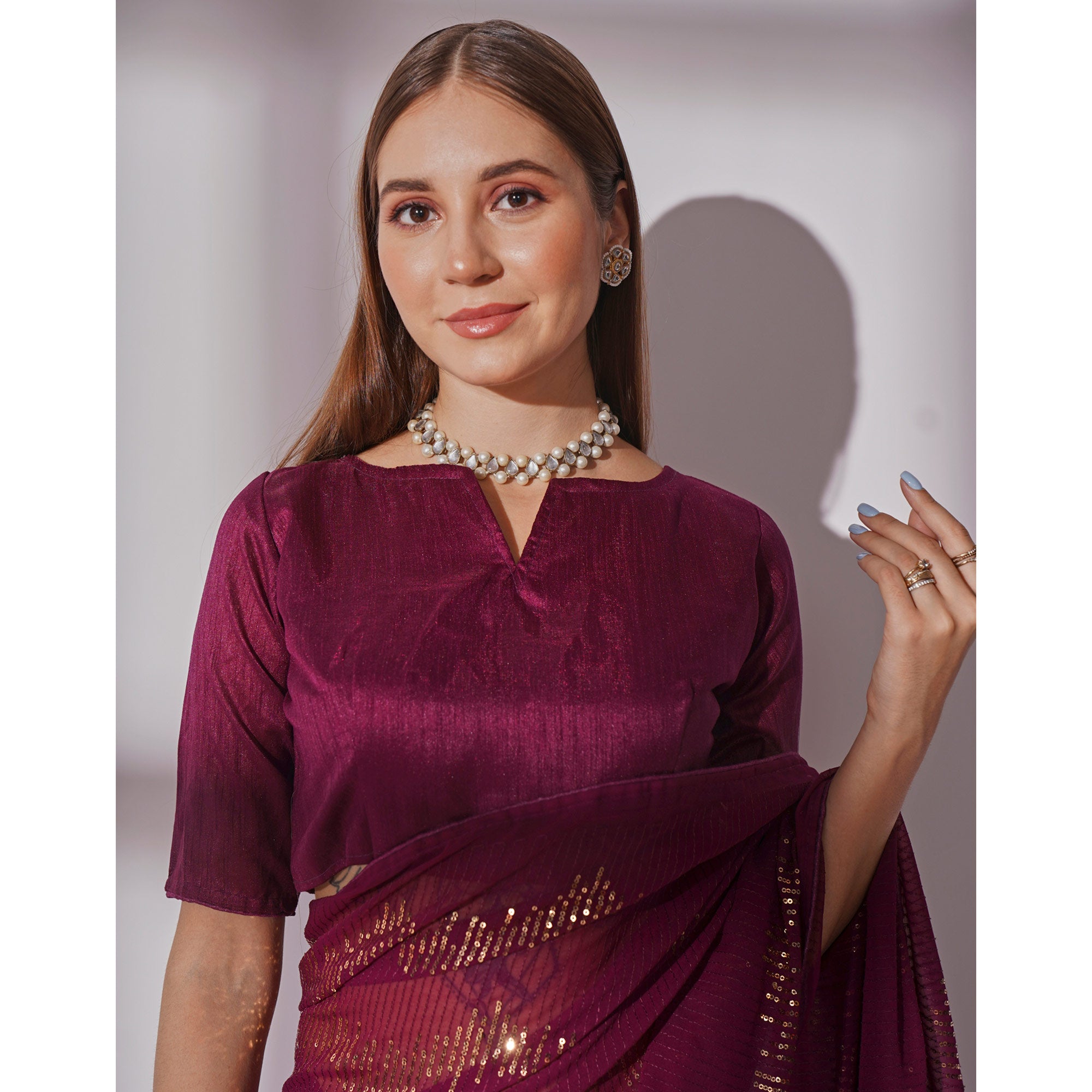 Wine Sequins Embroidered Georgette Saree