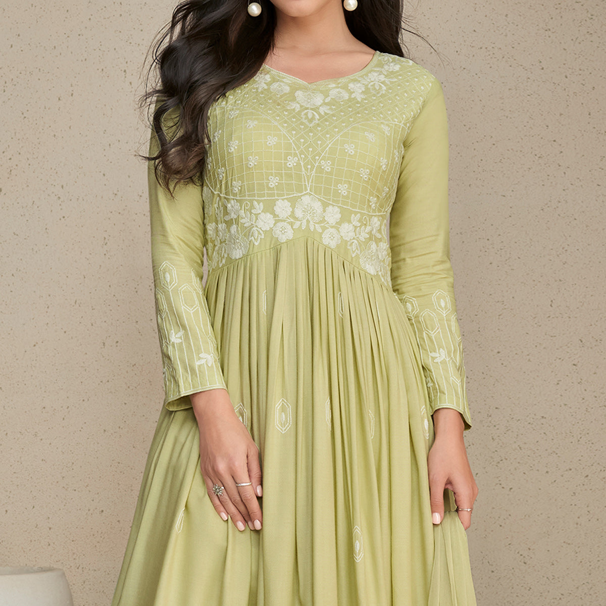 Green Lucknowi Embroidered Rayon Anarkali Palazzo Suit