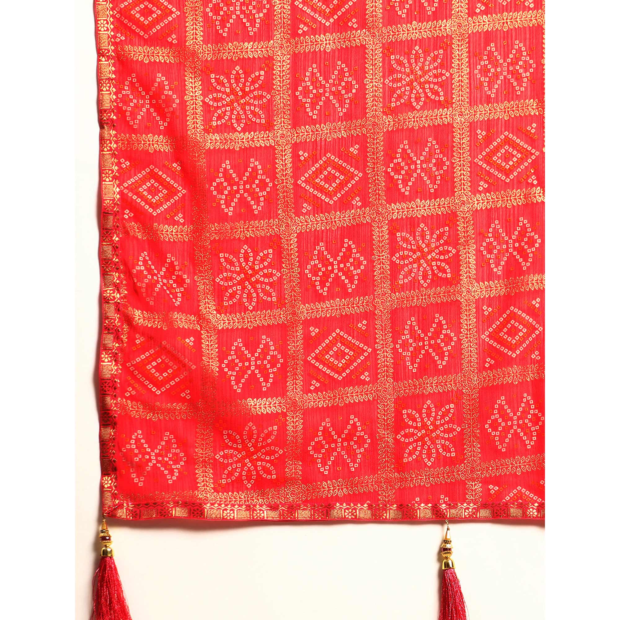 Pink Bandhani Foil Printed Zomato Saree With Tassels