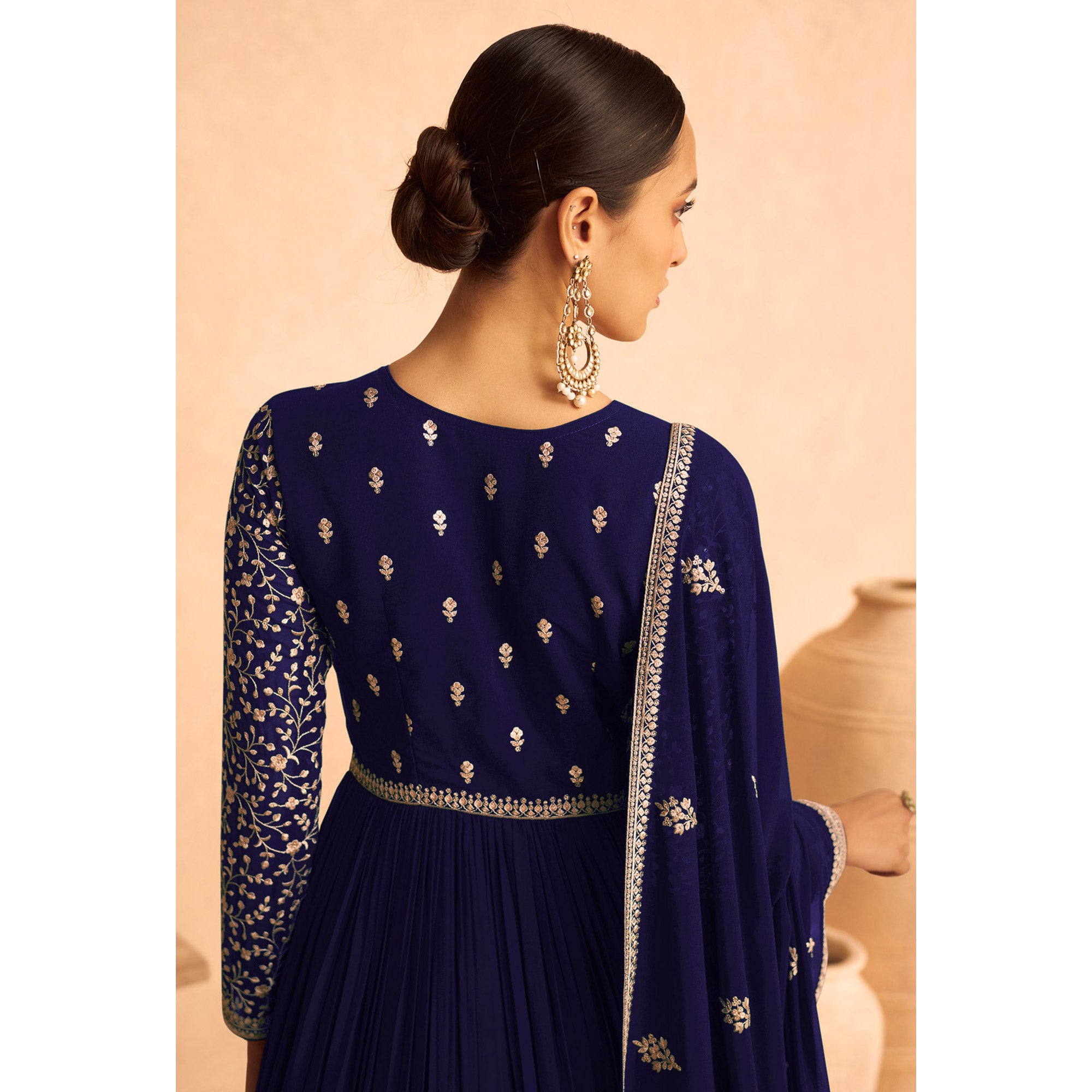 Navy Blue Floral Sequins Embroidered Georgette Semi Stitched Anarkali Suit