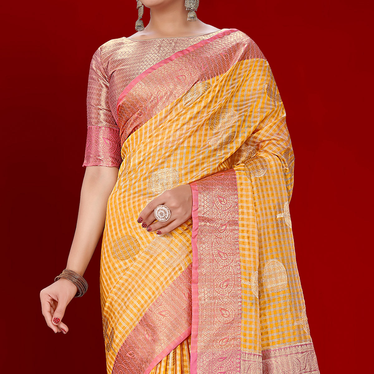 Mustard Floral Woven Organza Saree With Tassels