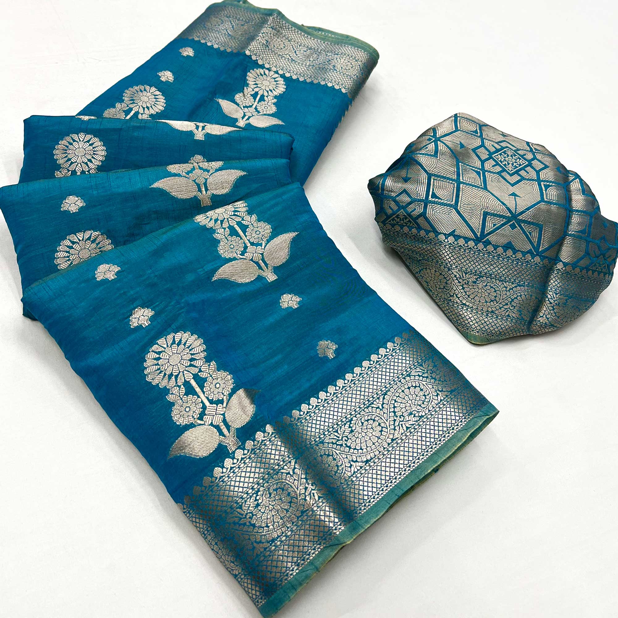 Blue Floral Woven Organza Saree