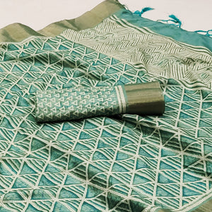 Turquoise Printed Matka Tussar Saree With Tassels