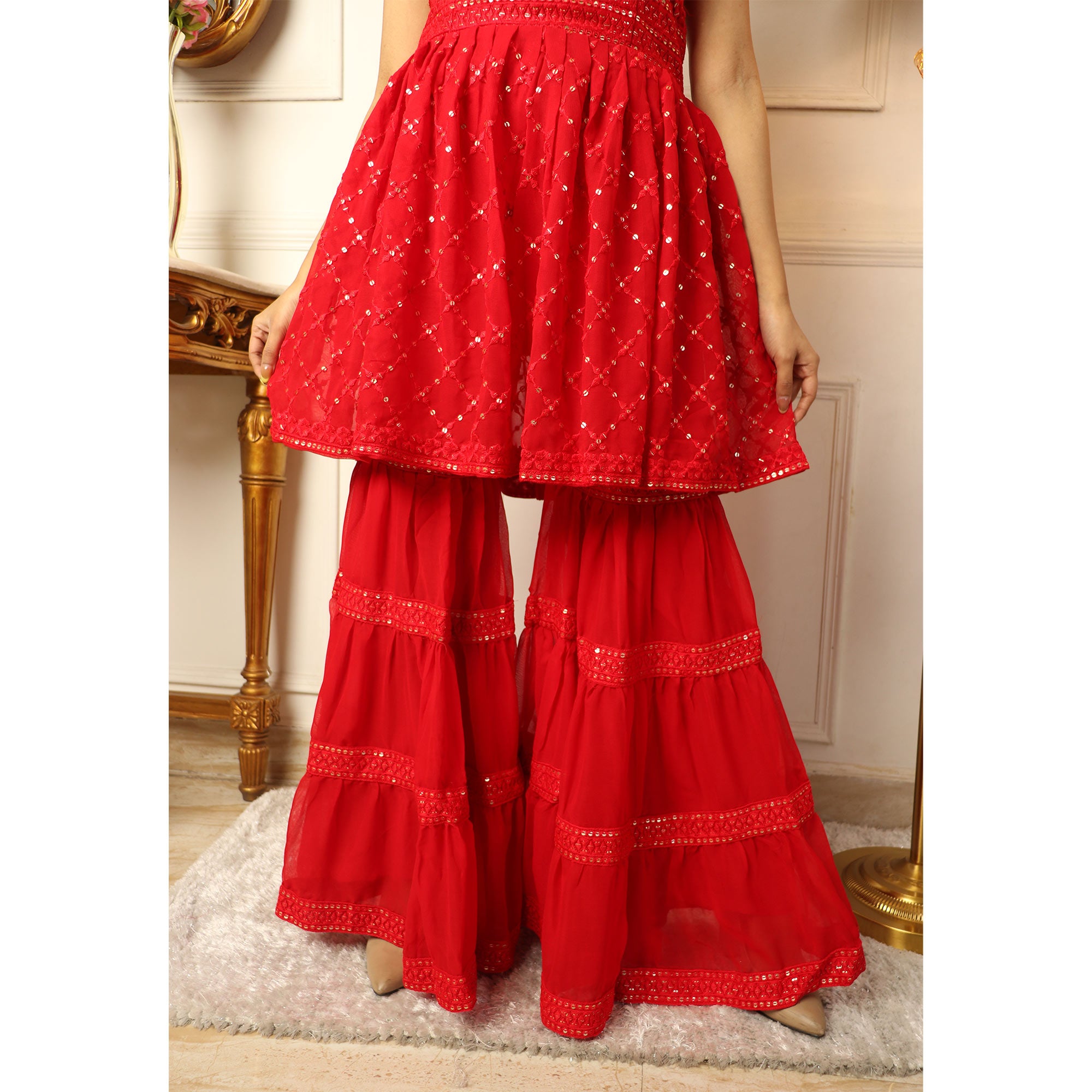 Red Sequins Embroidered Georgette Sharara Suit