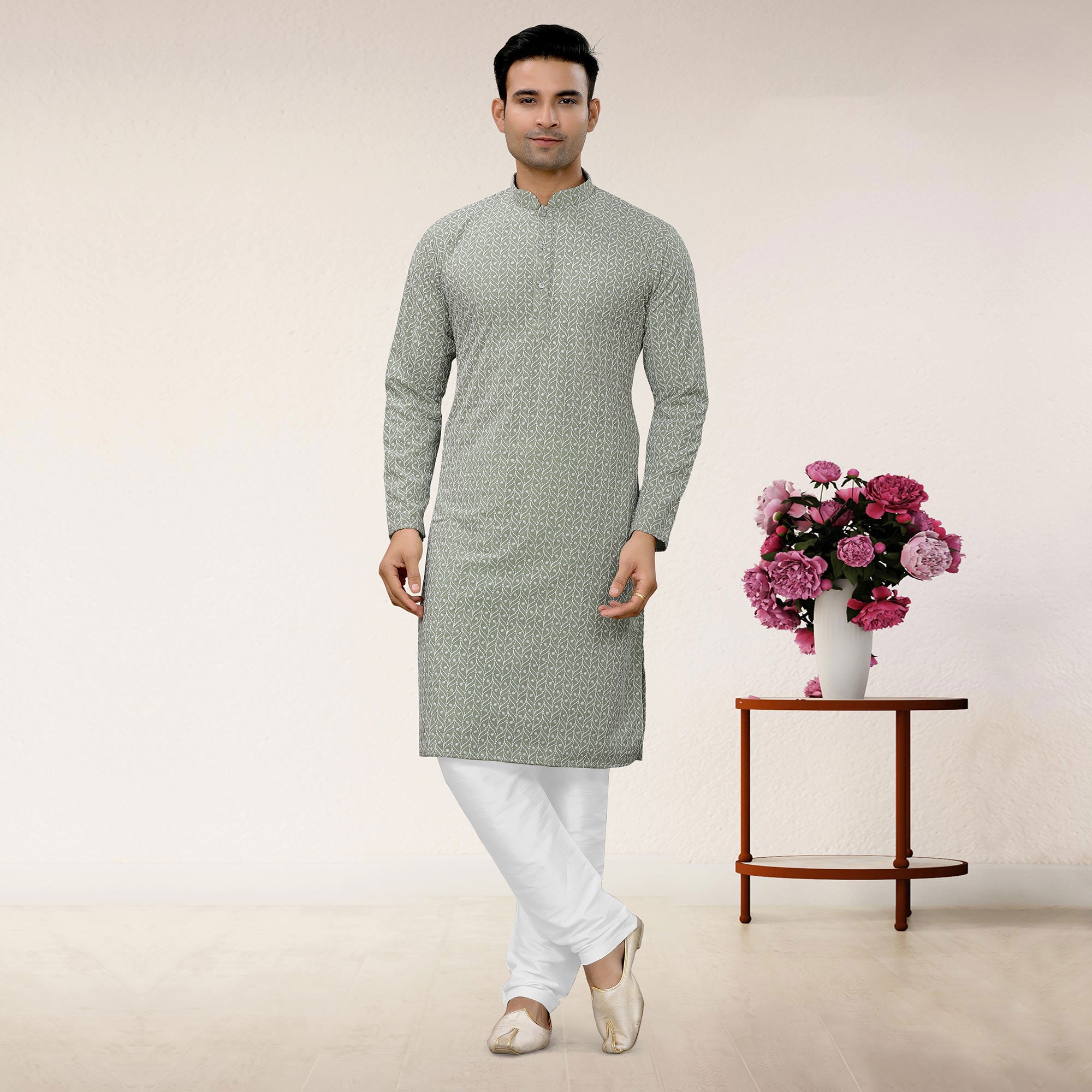 Grey Lucknowi Embroidered Georgette Kurta Pyjama Set