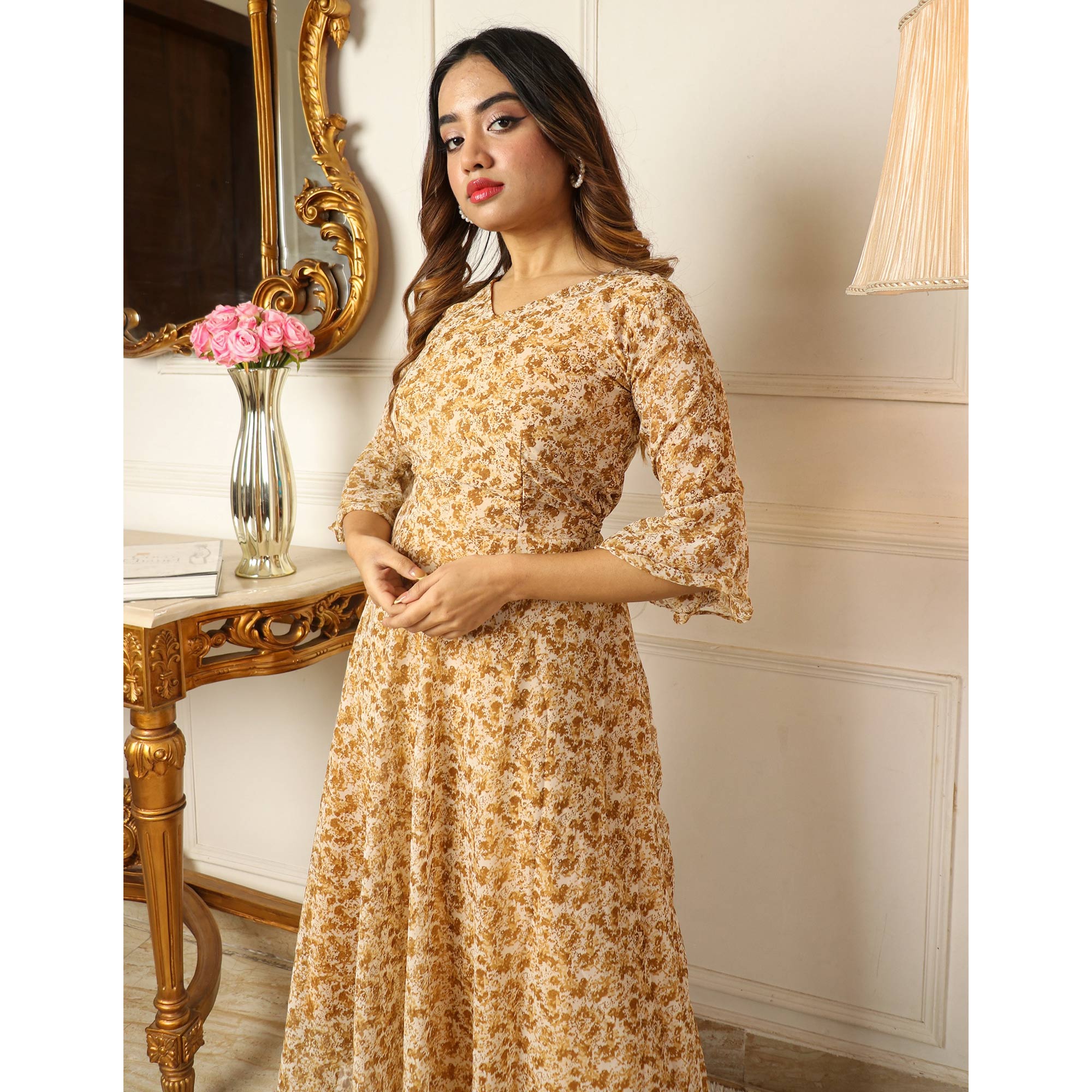 Brown Printed Georgette Dress