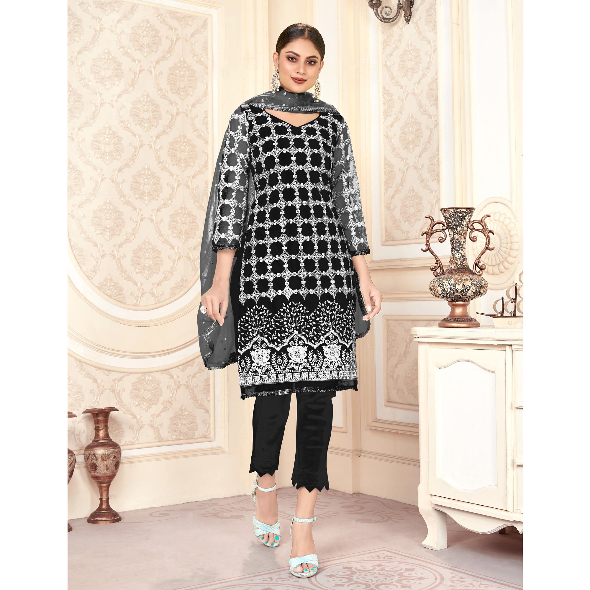 Black Sequins Embroidered Net Semi Stitched Suit