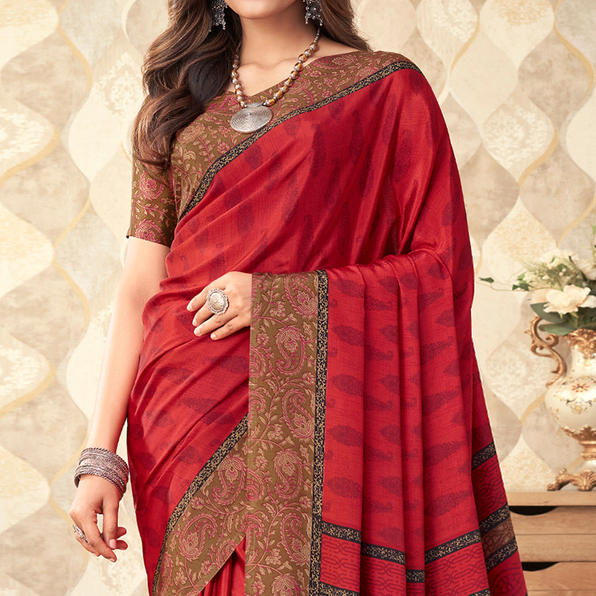 Red Printed Crepe Saree