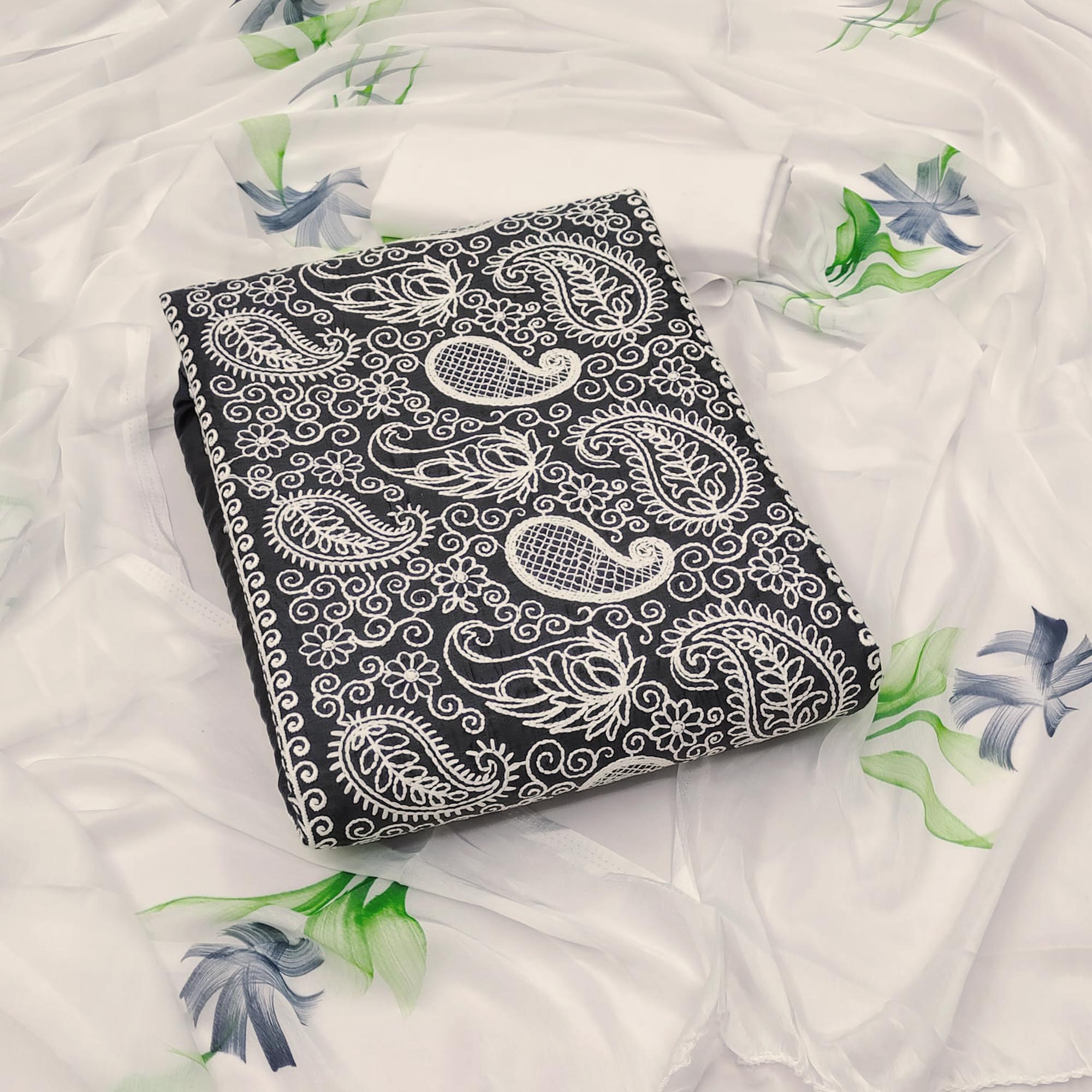 Dark Grey Embroidered Cotton Blend Dress Material