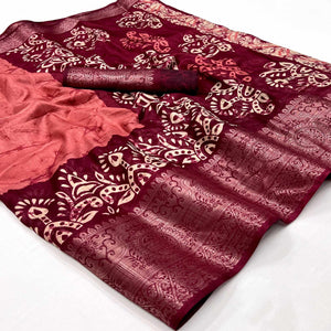Pink Floral Printed With Woven Dola Silk Saree