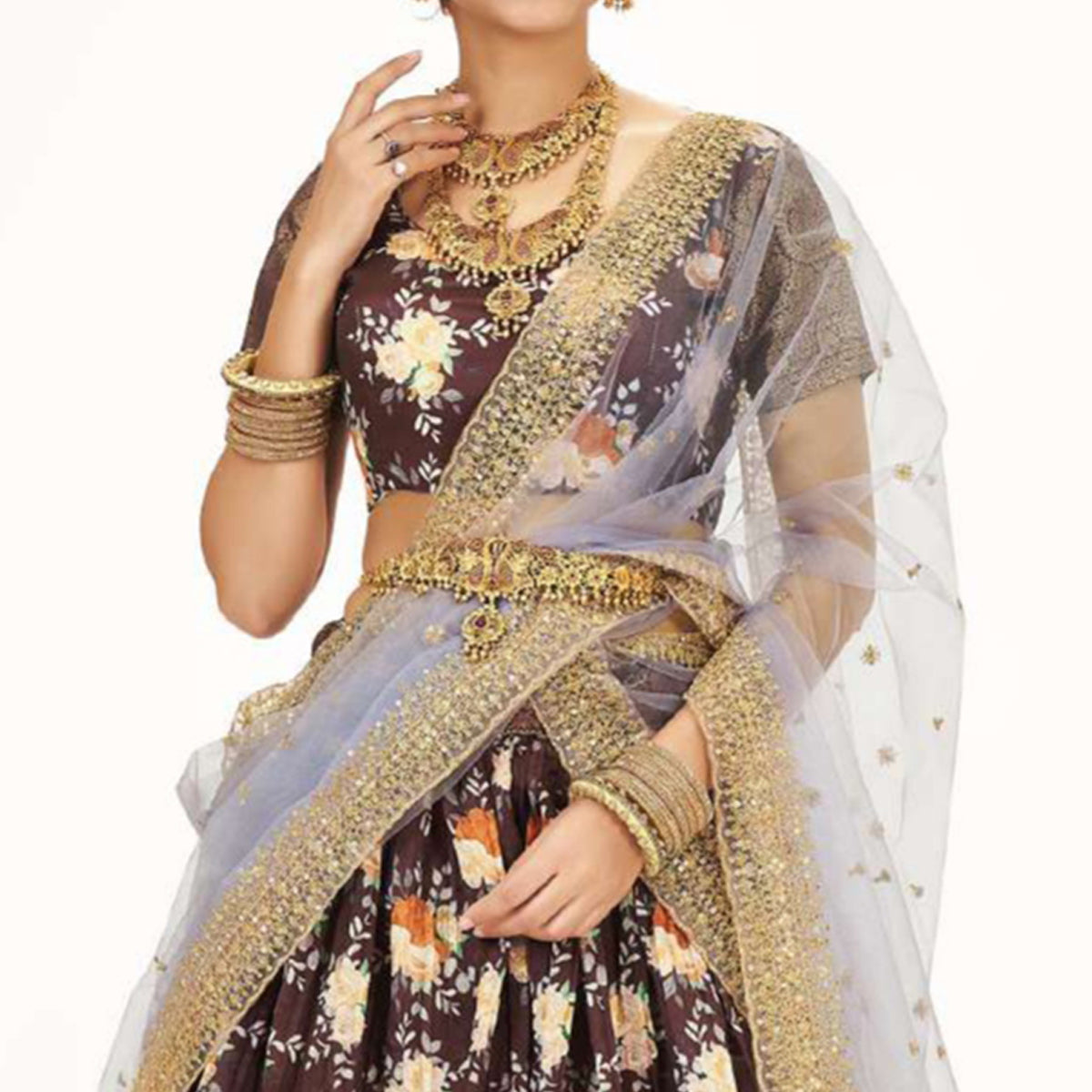 Chocolate Brown Digital Printed With Zari Work Art Silk Lehenga Choli