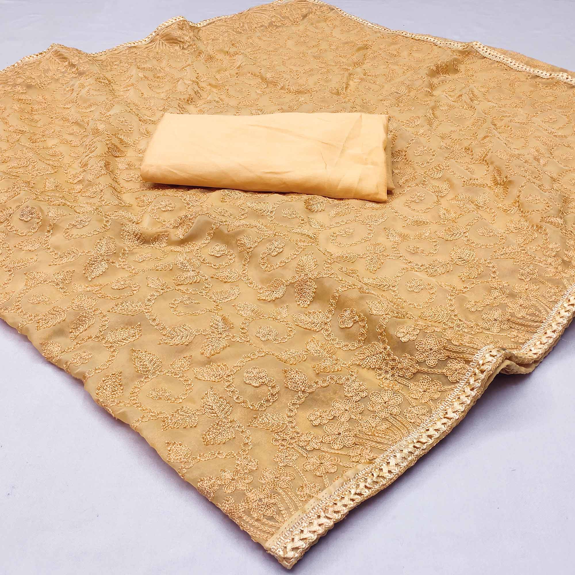 Mustard Yellow Floral Embroidered Organza Saree