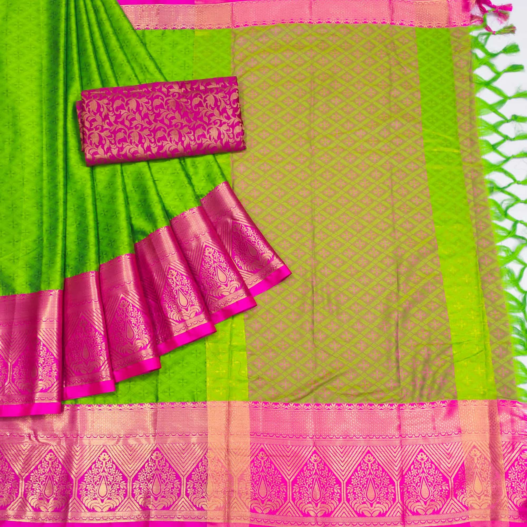 Parrot Green Woven Cotton Silk Saree With Tassels