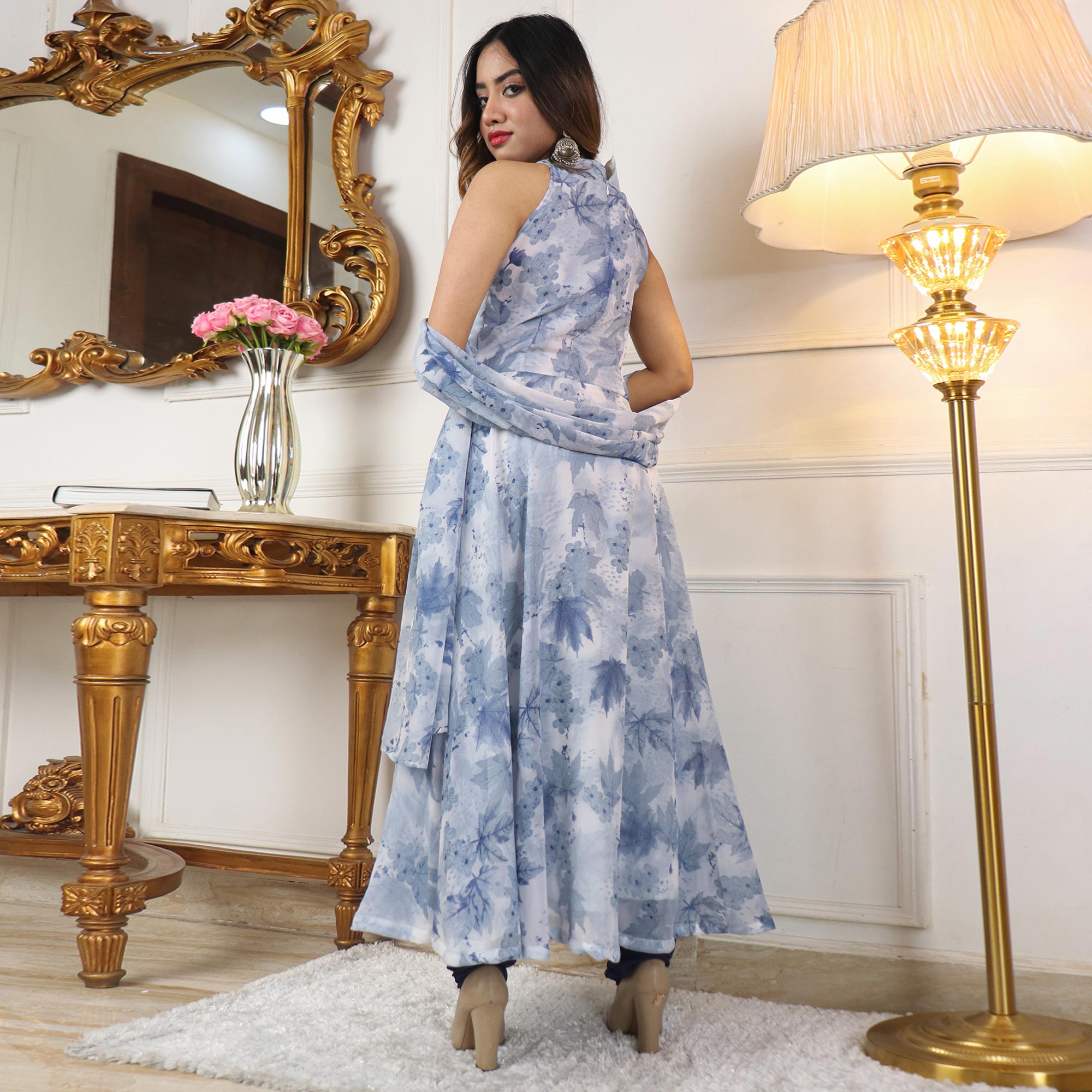 Blue Floral Printed Georgette Anarkali Suit