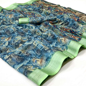 Blue Digital Printed Linen Saree