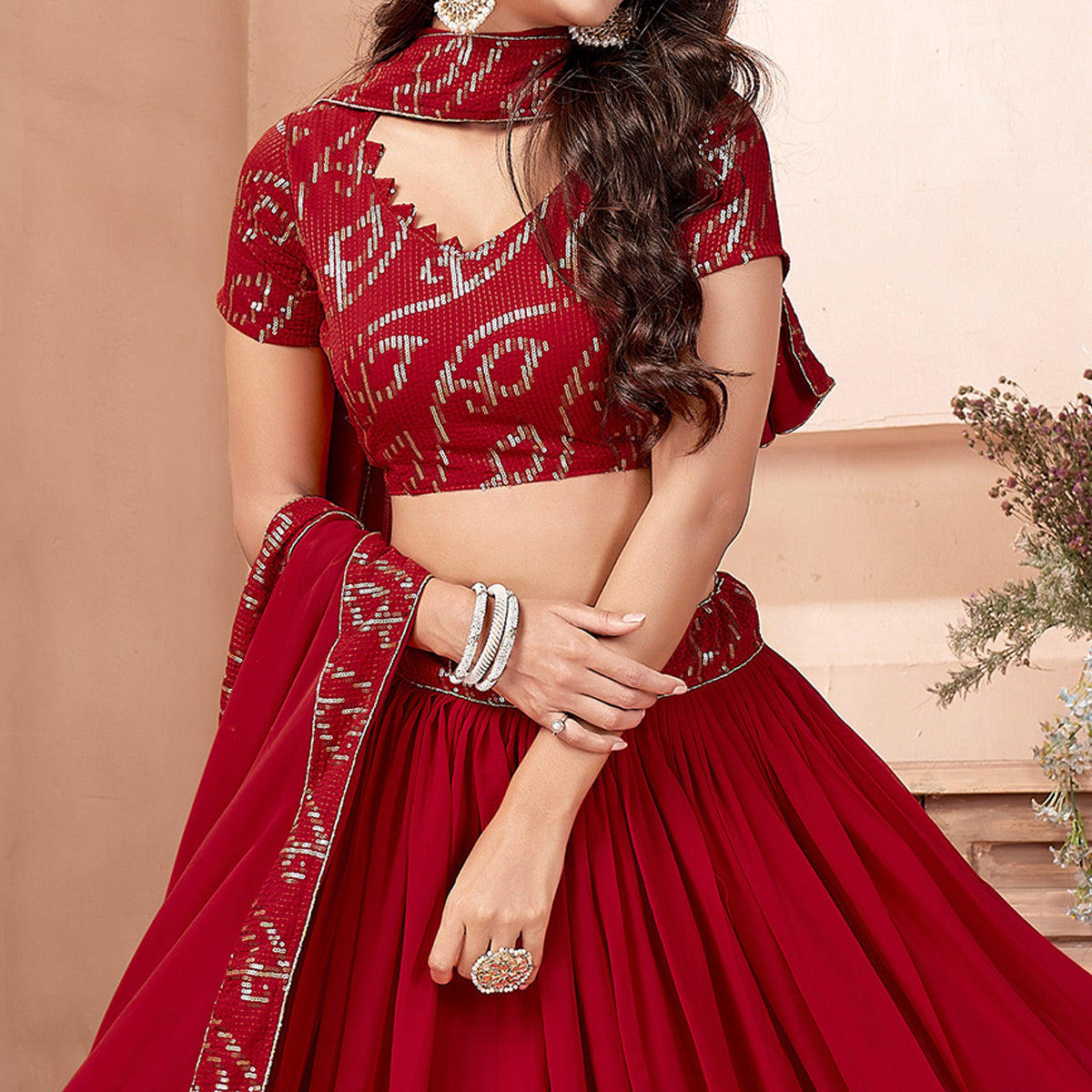 Red Sequins Embroidered Georgette Lehenga Choli