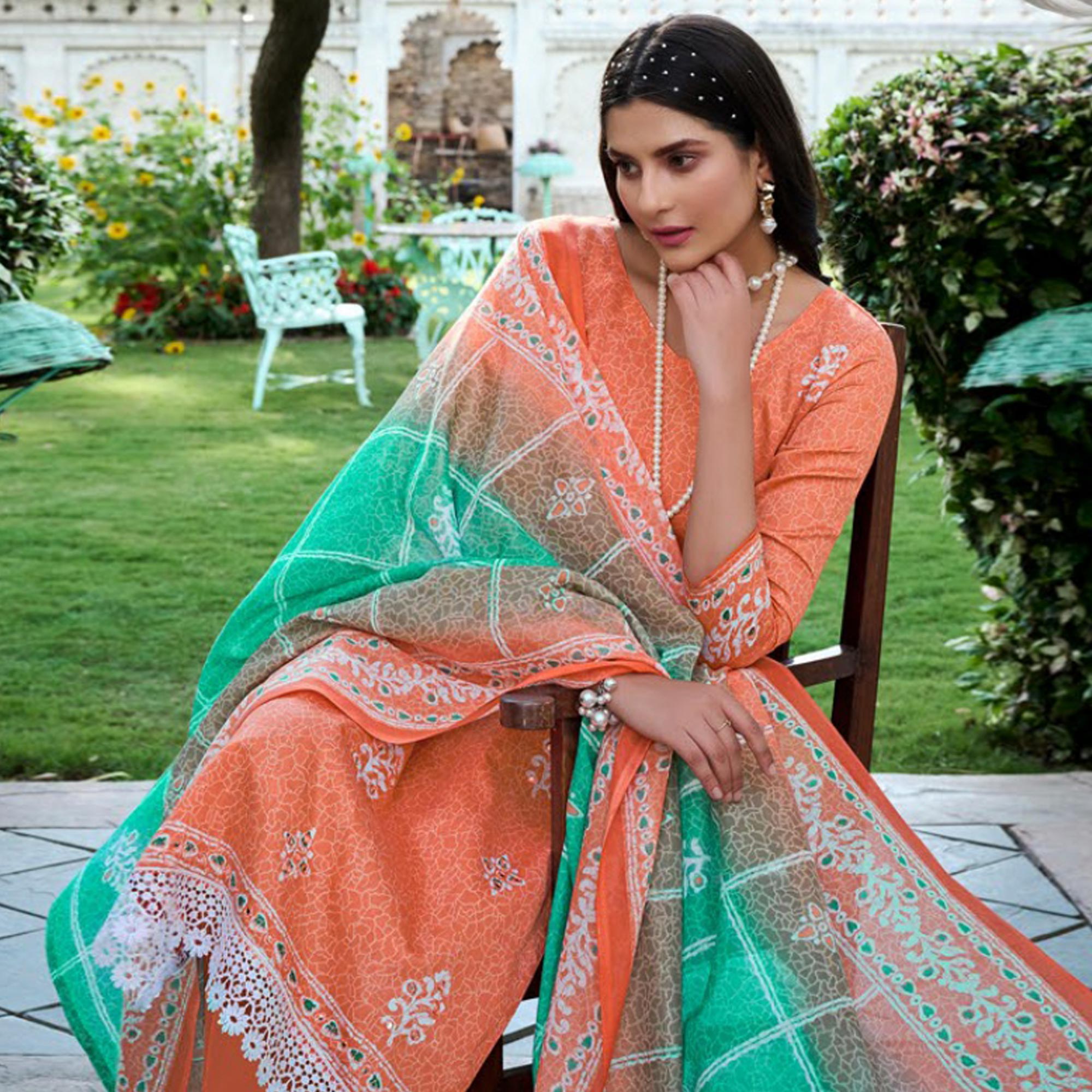 Peach Digital Printed With Mirror Work Pure Cotton Suit